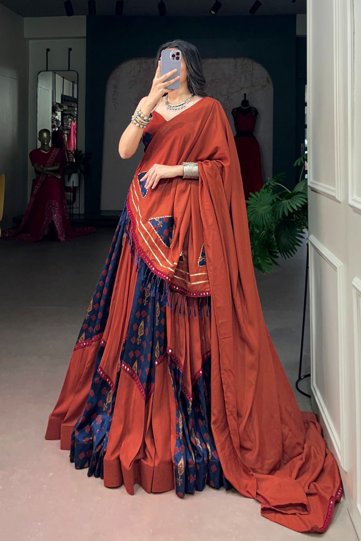 Rust Navy Navratri Designer Gamthi Mirror Work Lehenga Choli
