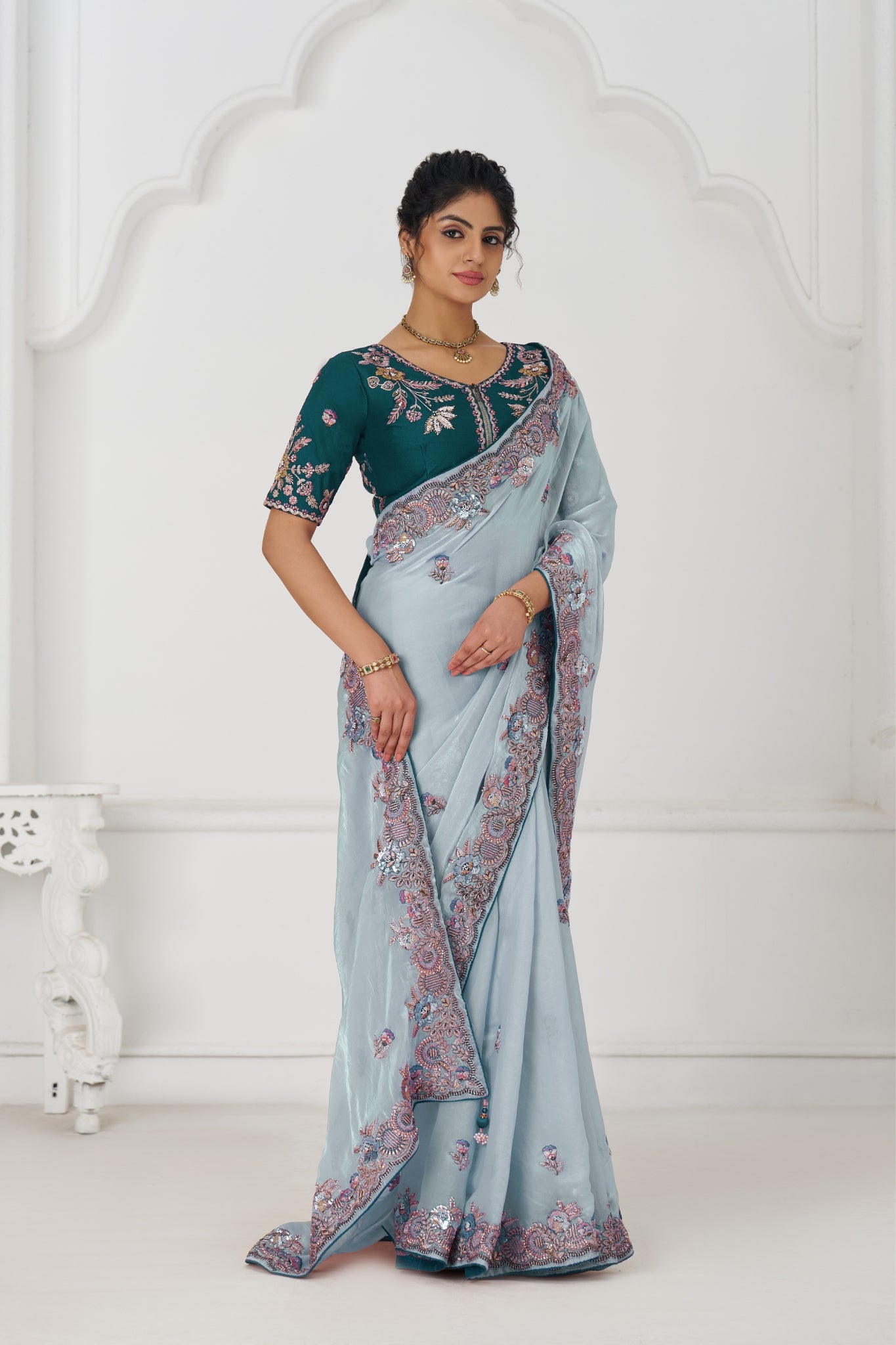 Stunning Wedding Designer Grey Pure Fendi Silk Saree