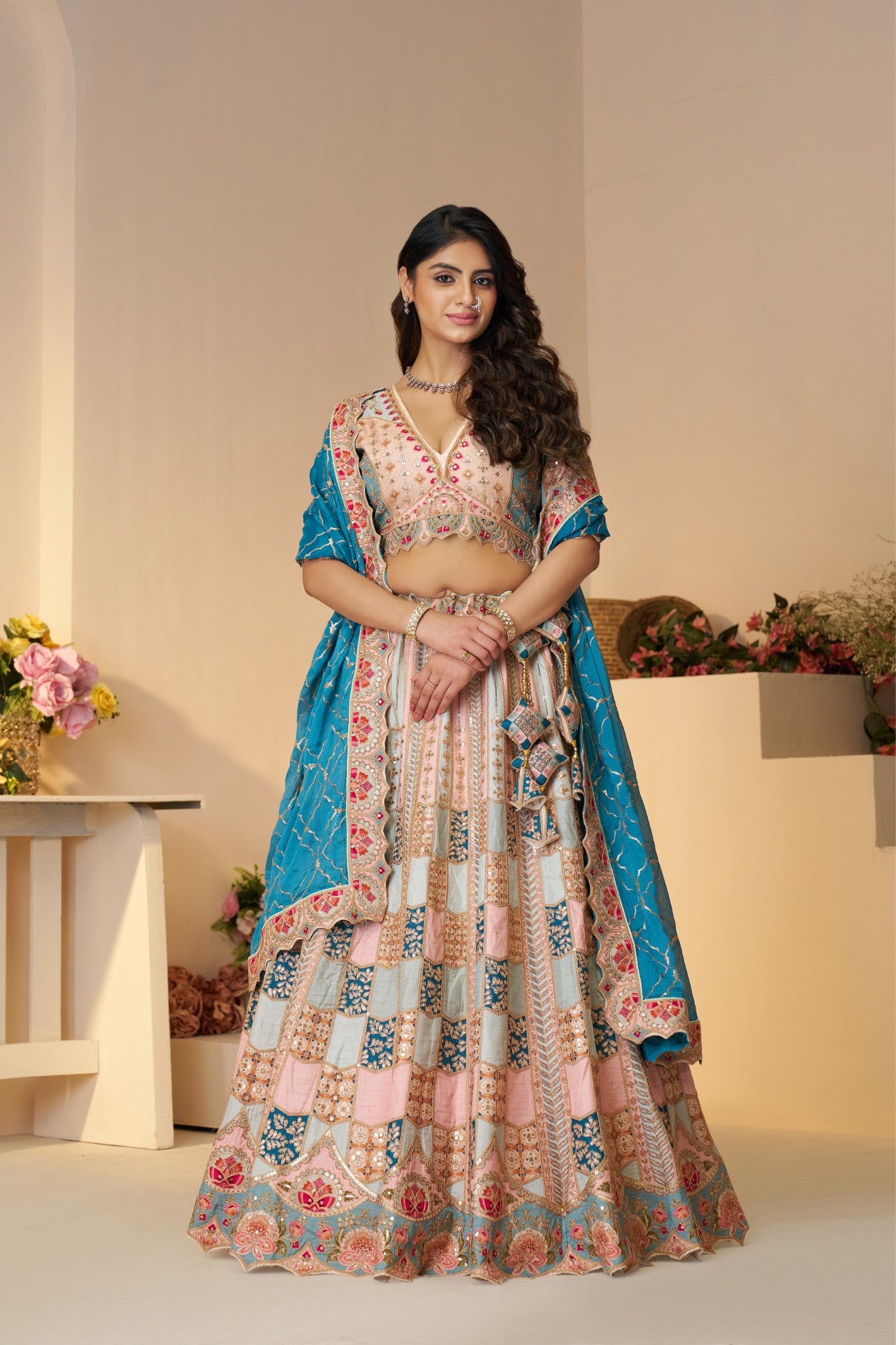 Beautiful Sky Blue Designer Printed With Sequins And Aari Work Wedding Lehenga Choli Set