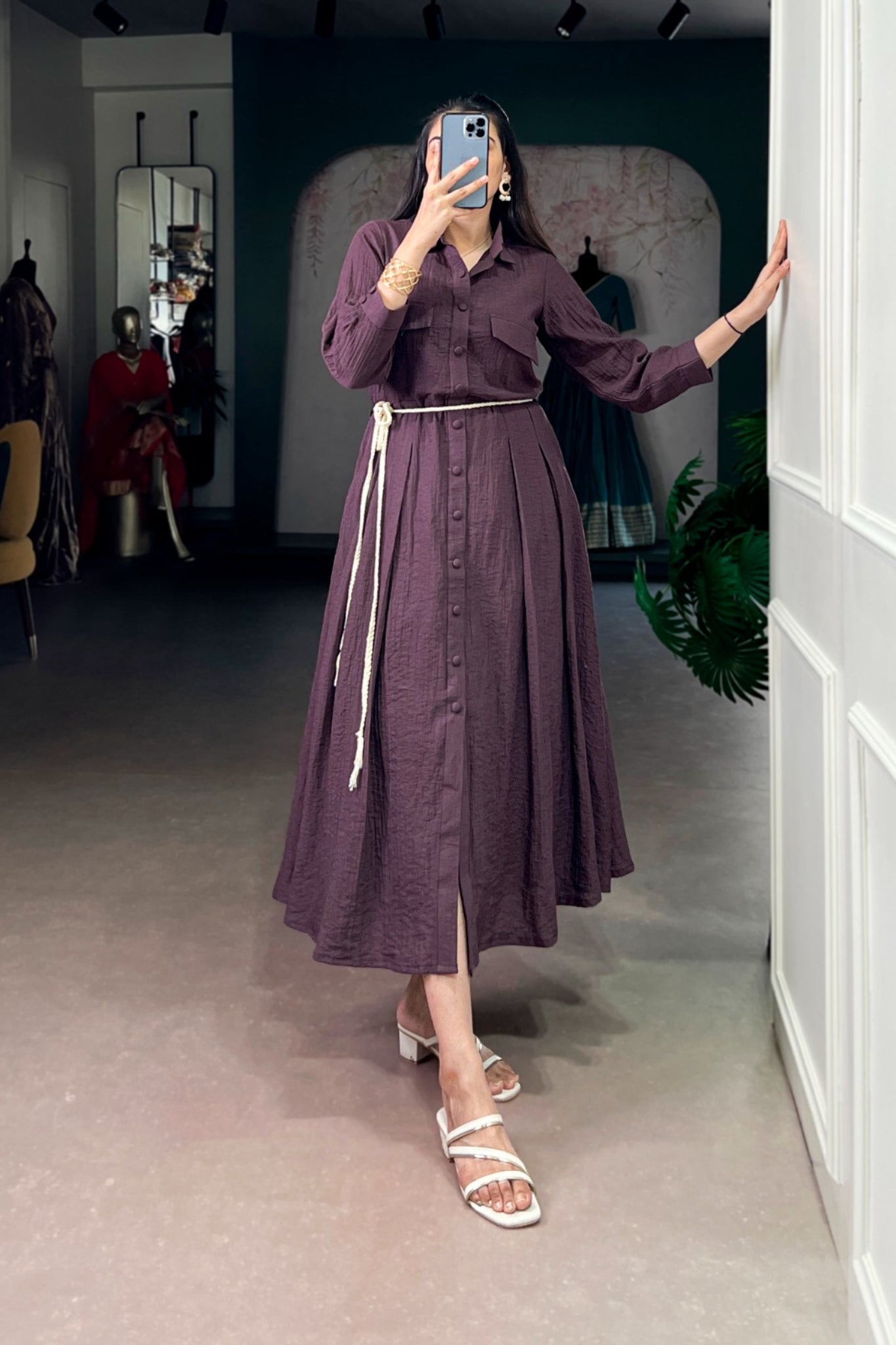 Premium Crackle Fabric Button Down Midi Frock For Women