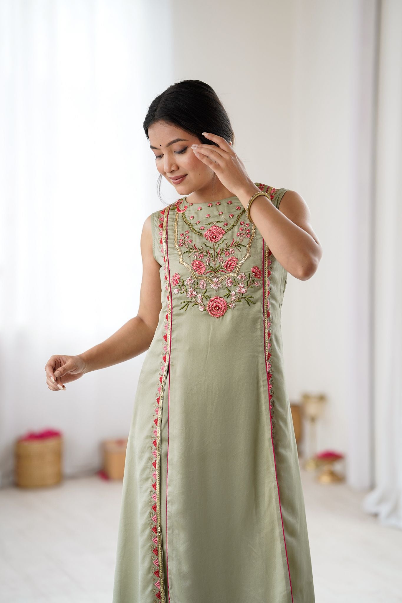Sage Green Floral Embroidered Designer Kurta Pant Set For Women