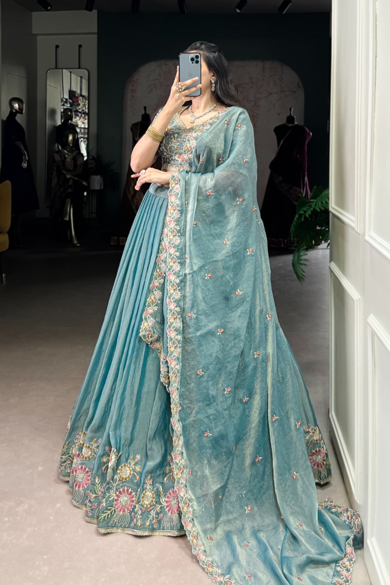 Sky Blue Zari Shimmer Sequins Tread Embroidered Work Wedding Lehenga Choli