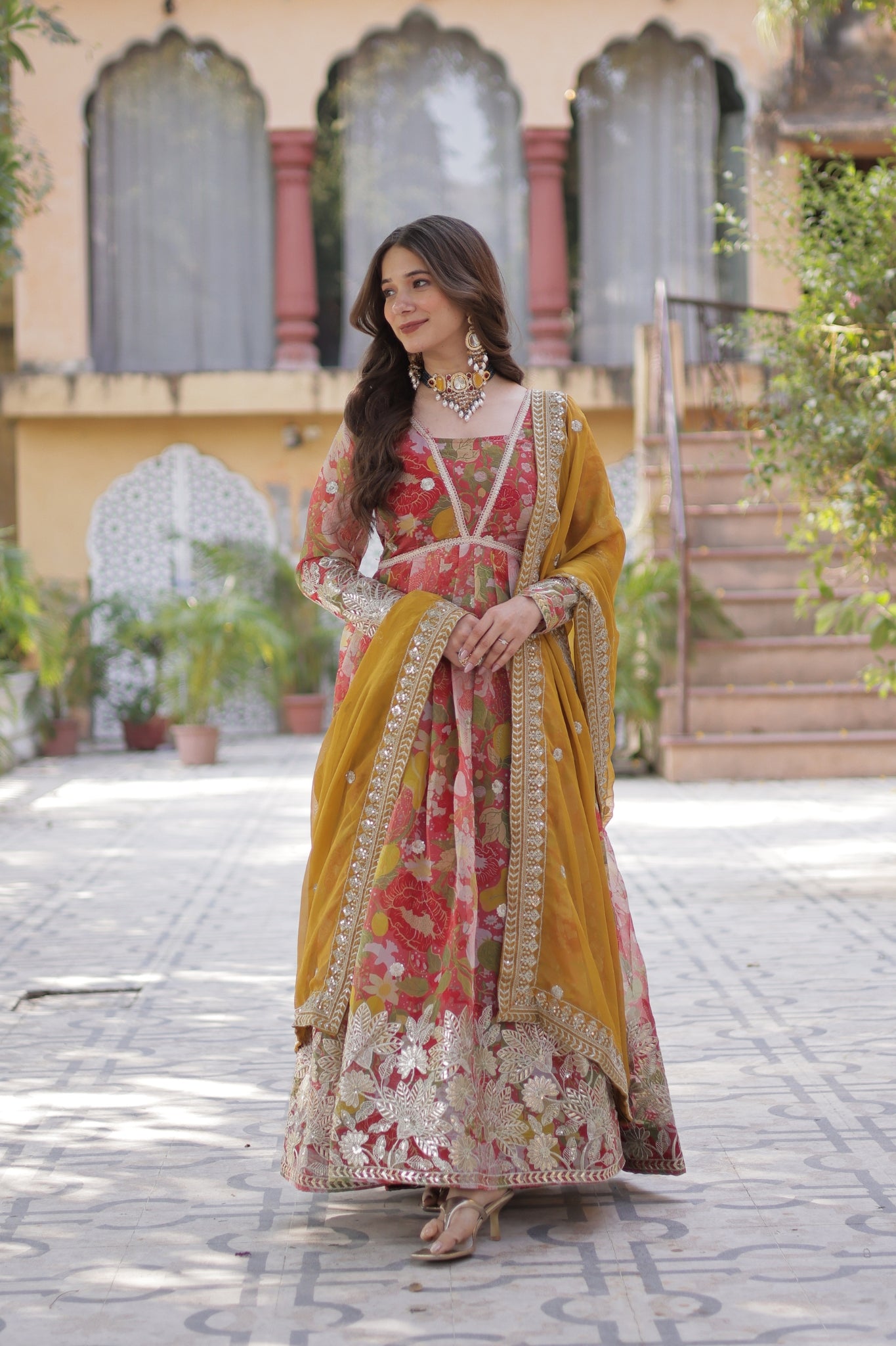Designer Printed Gold Sequins Embroidered Work Anarkali Gown