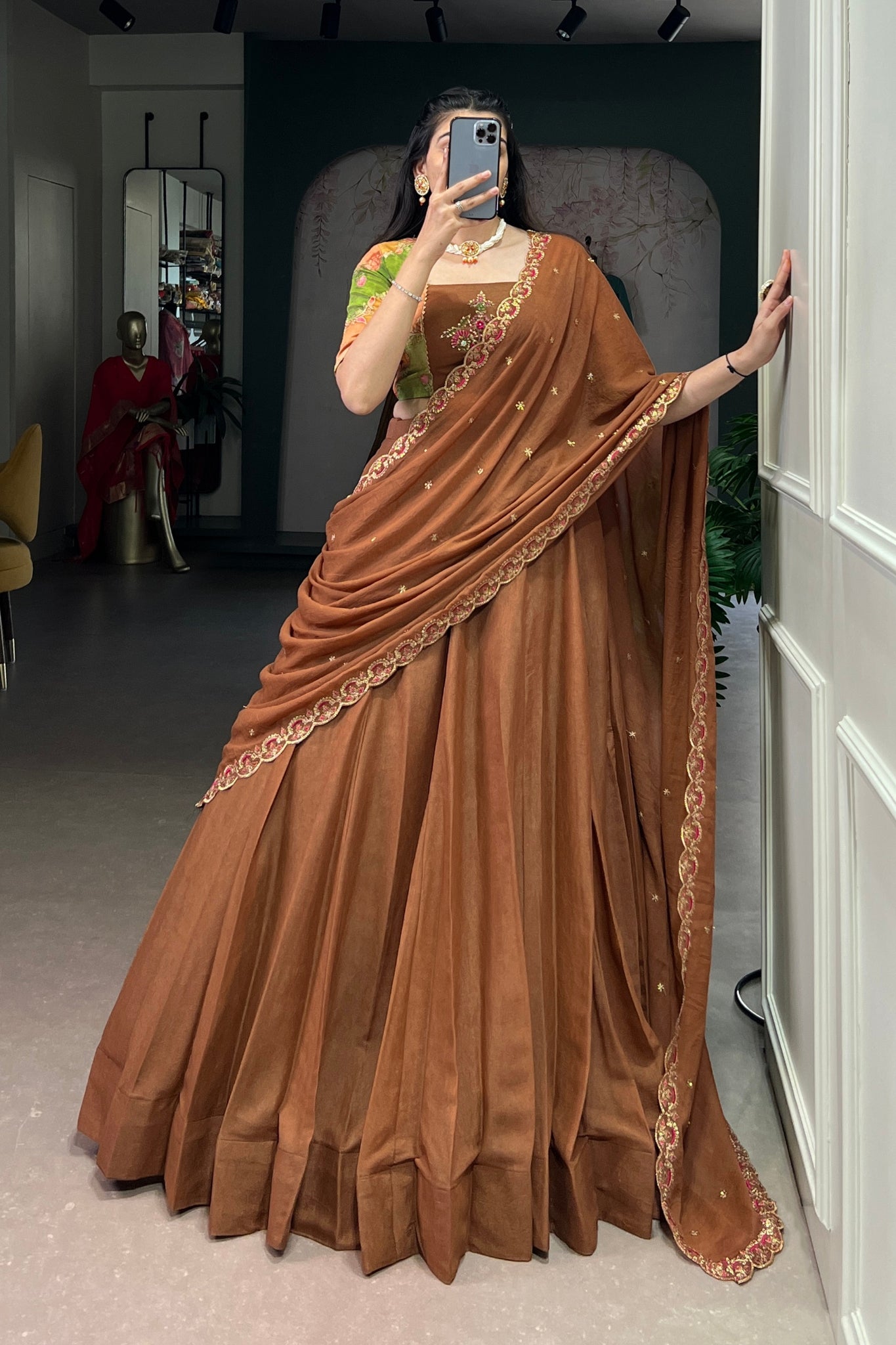 Luxury Chocolate Crush Designer Lehenga Set With Handcrafted Gotta Patti Blouse And Embroidered Dupatta