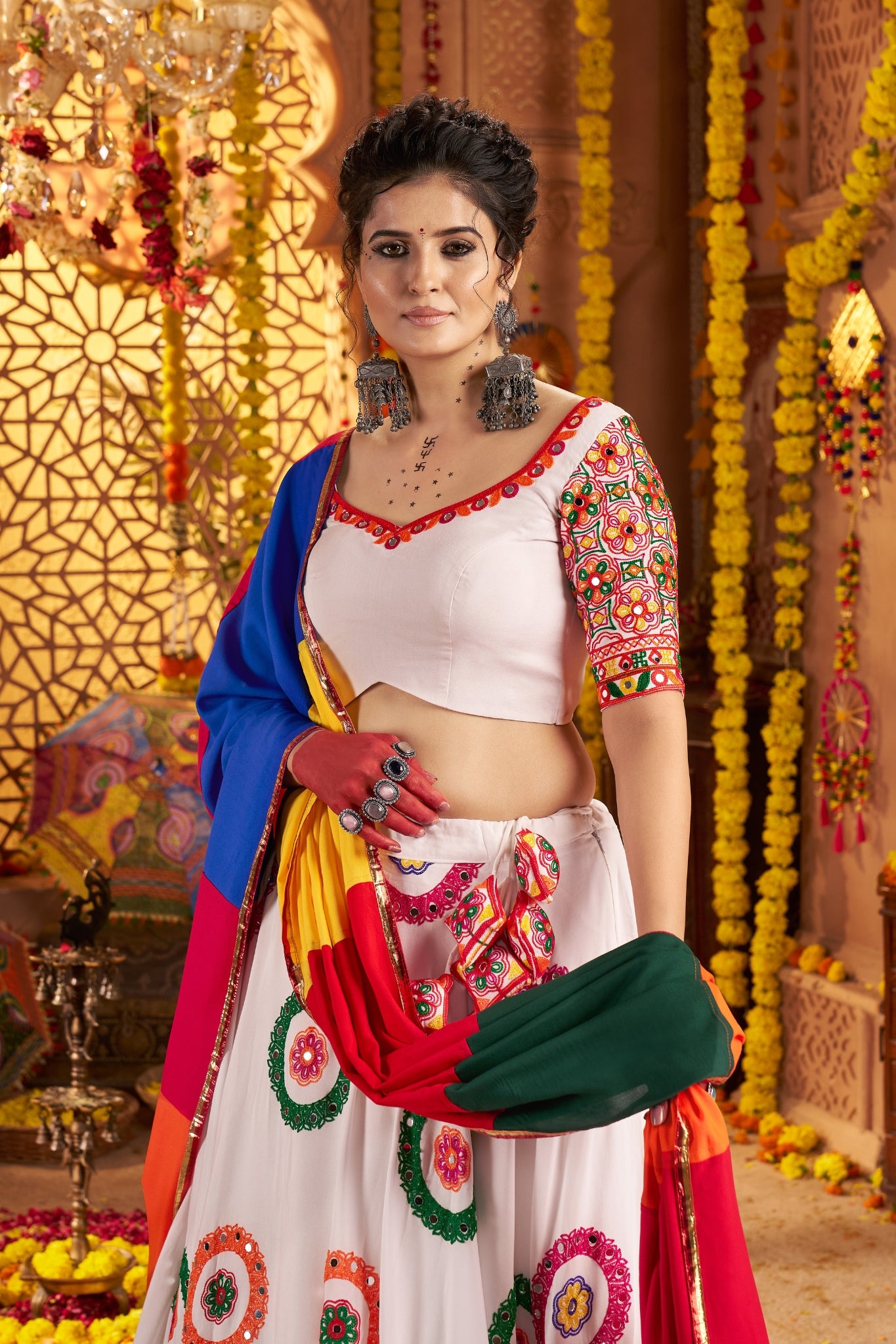 Viscose Cotton Elegant Thread Embroidered With Mirror Work Traditional Navratri Lehenga Choli