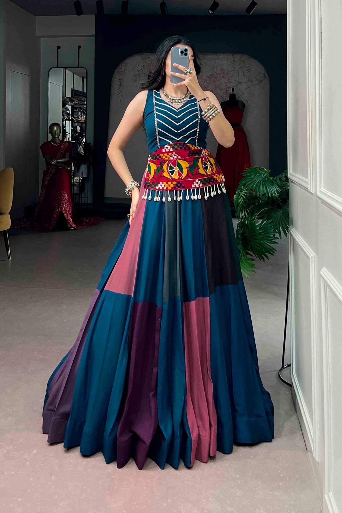 Navratri Designer Rayon Multicolor Panelled Garba Chaniya Choli