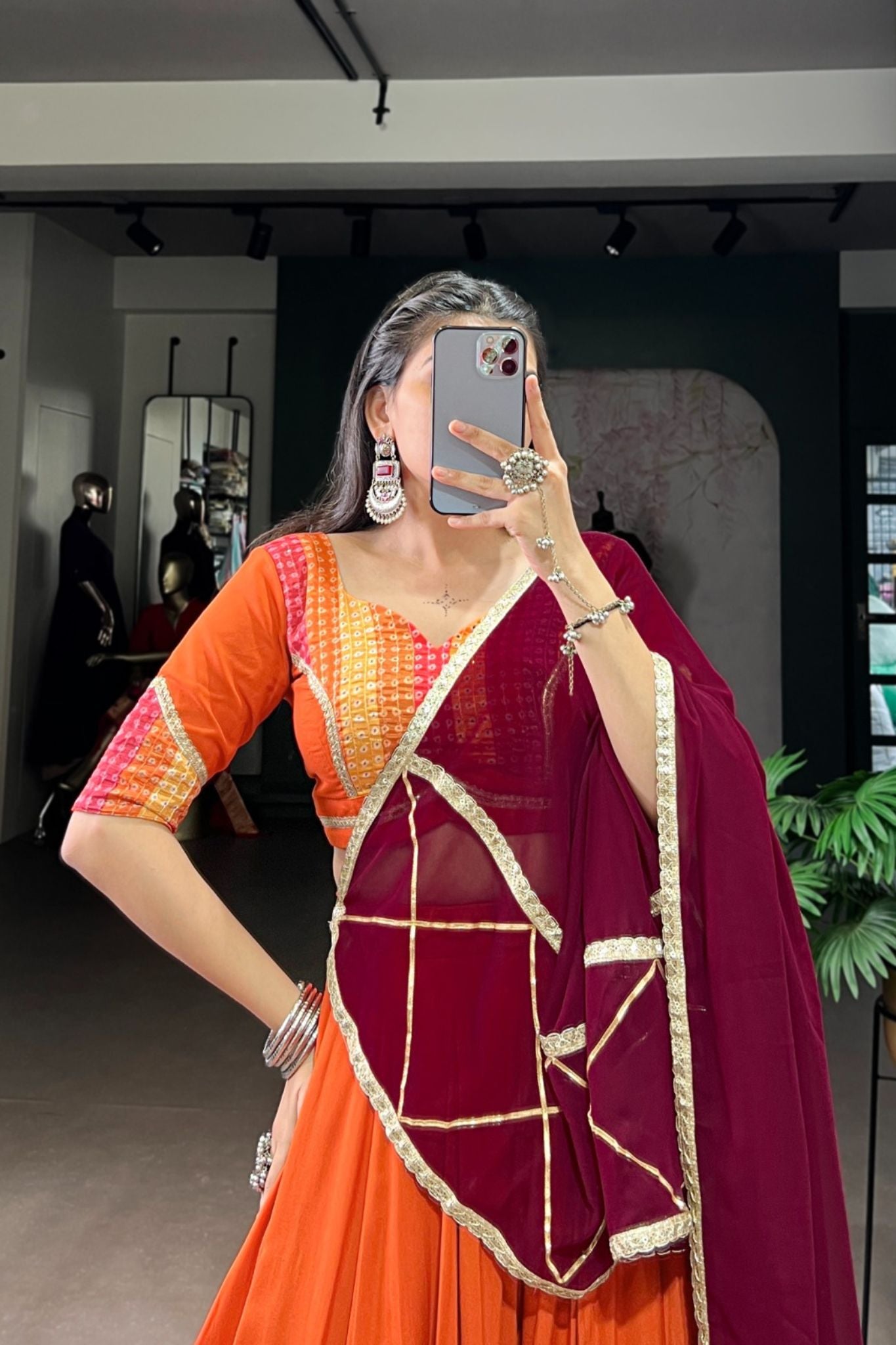 Vibrant Orange Pure Rayon Bandhej Print Traditional Lehenga Choli