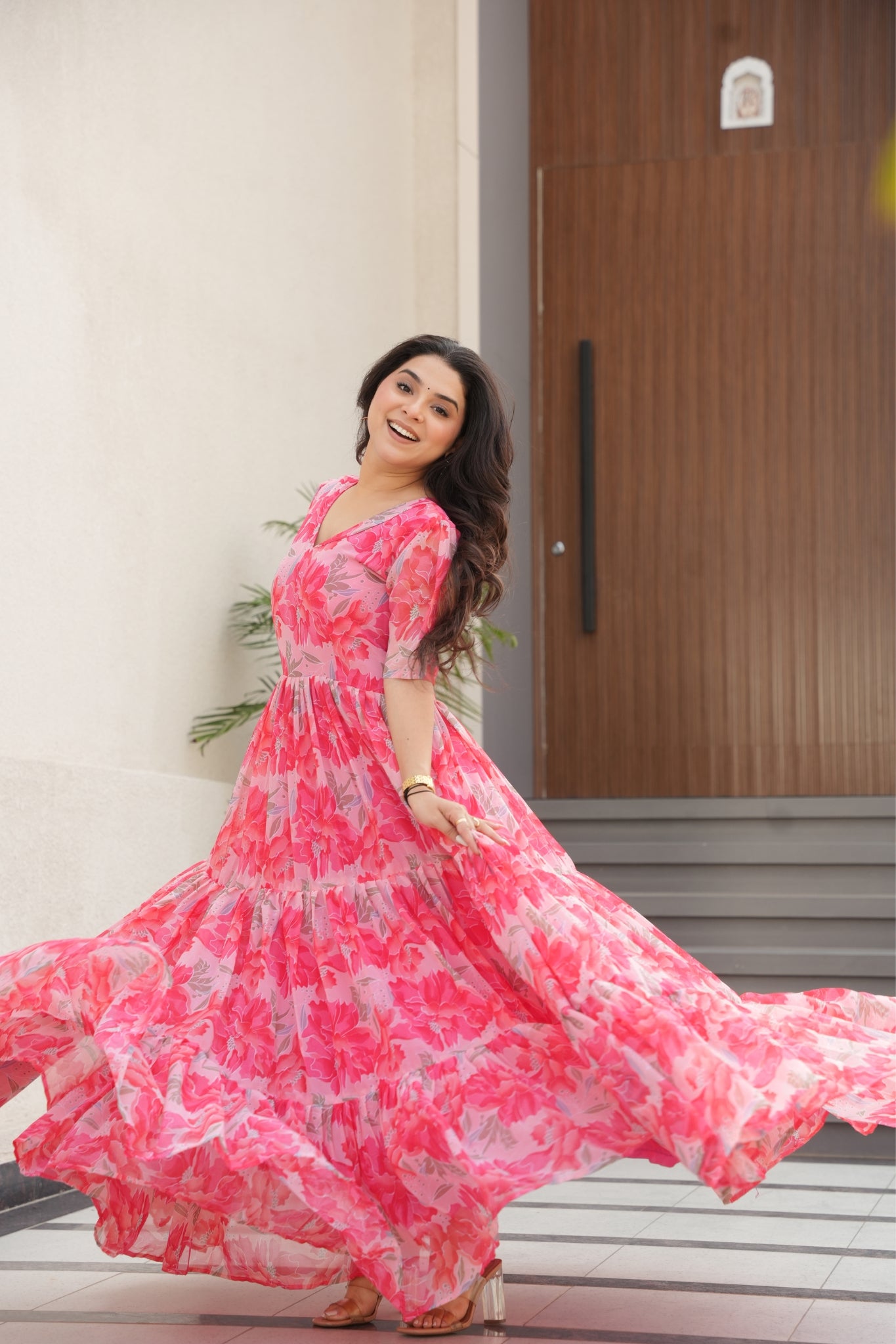 Floral Printed Georgette Women Tiered Gown
