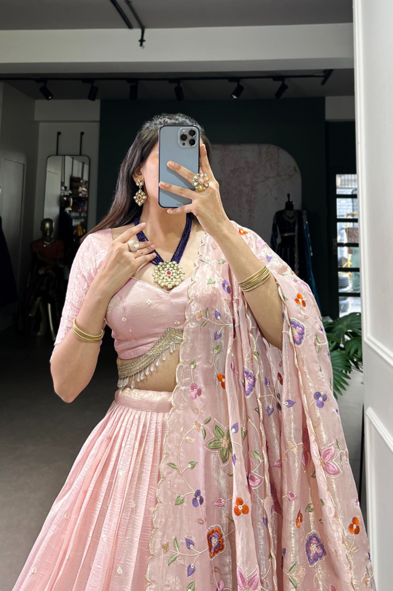Light Pink Thread Embroidered Gold Crush Lehenga Set For Wedding