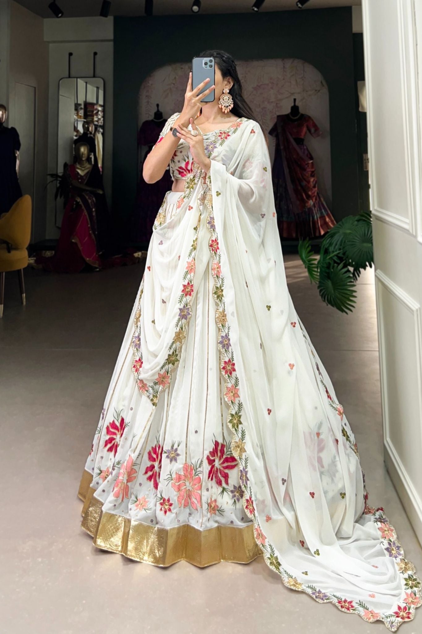 White Georgette Tread Embroidery Work Lehenga Choli
