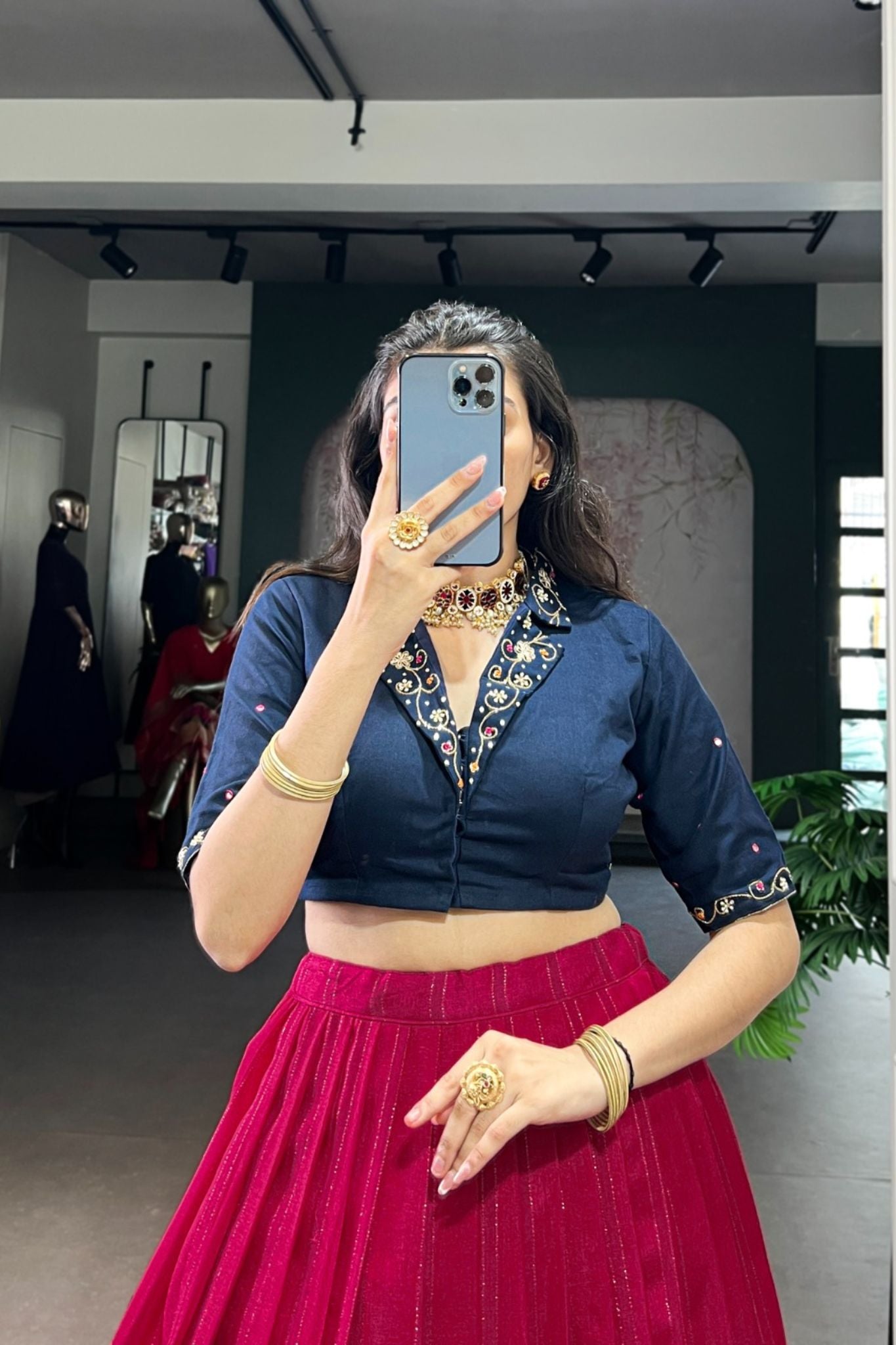 Ready-to-Wear Zari Woven Poly-Cotton Lehenga with Hand-Embroidered Cotton Blouse