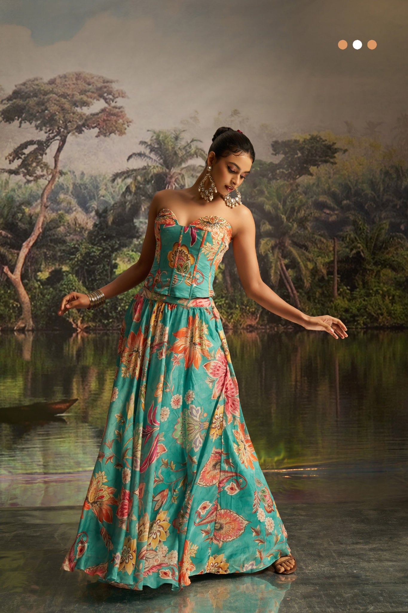 Mint Blue Floral Georgette Lehenga Set With Handwork And Corset Blouse