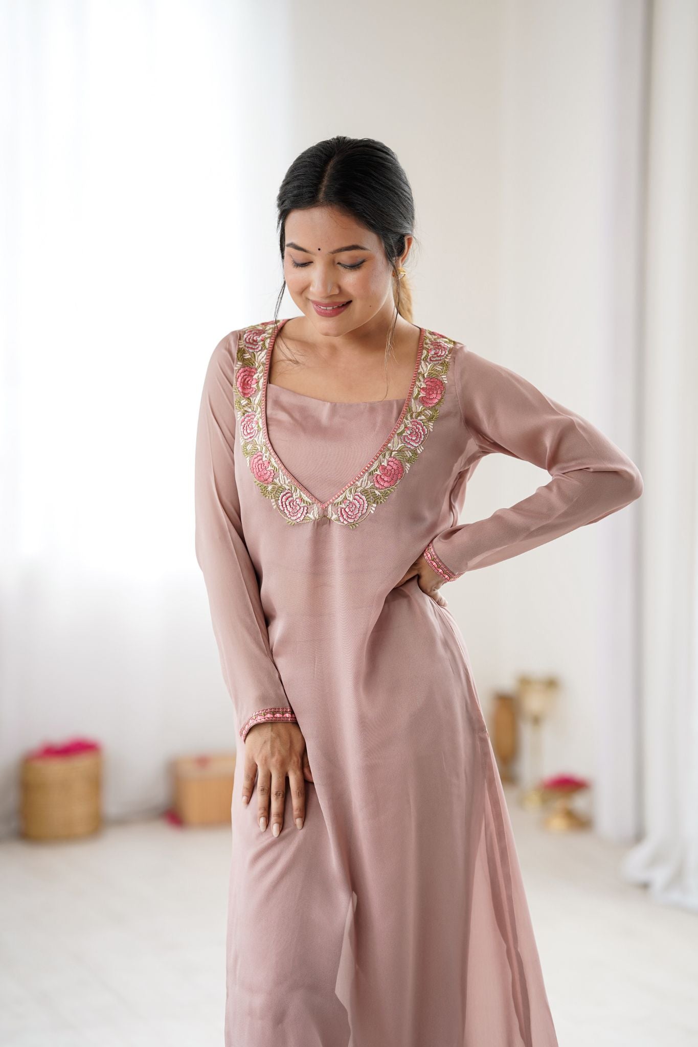 Dusty Rose Floral Embroidered Designer 3 Piece Co-Ord Set for Women