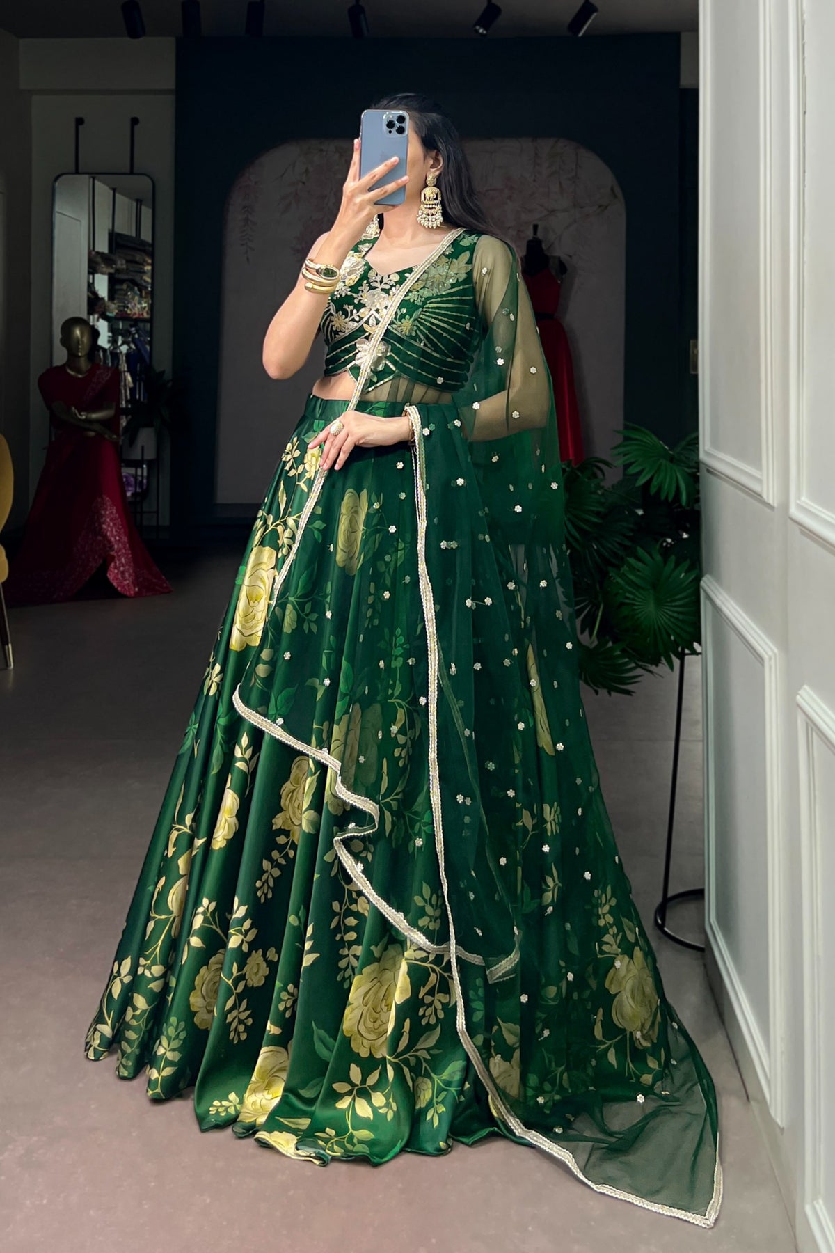 Green Satin Silk Floral Print Designer Embroidered Lehenga Choli