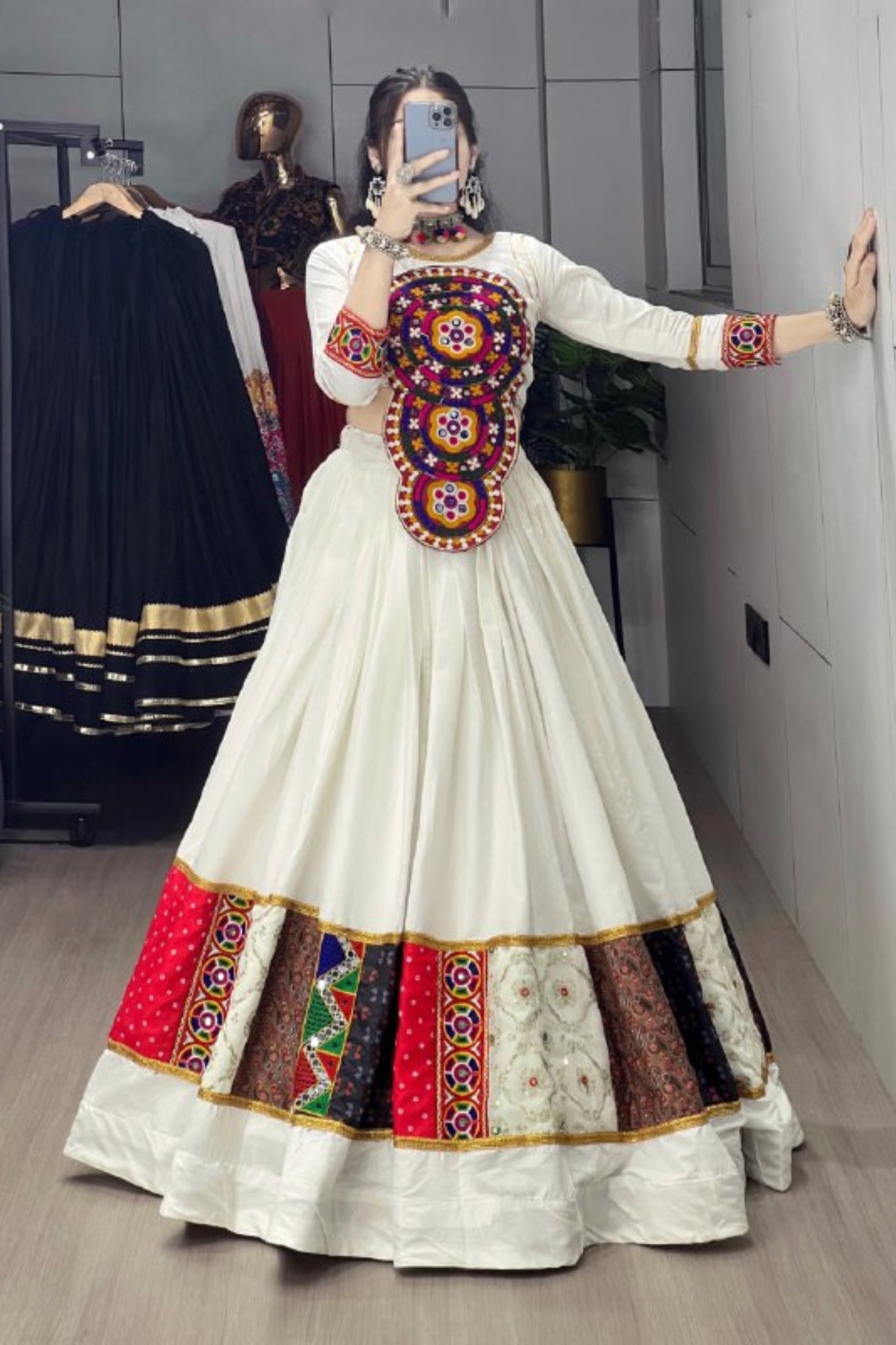 Designer White Multicolor Navratri Lehenga Choli For Women