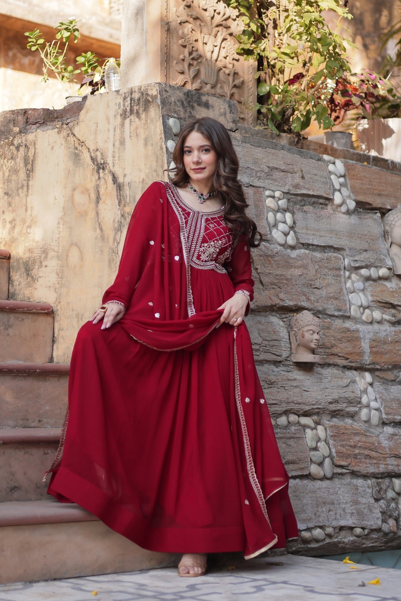 Designer Beads Embroidered Work Beautiful Wedding Gown With Dupatta Set