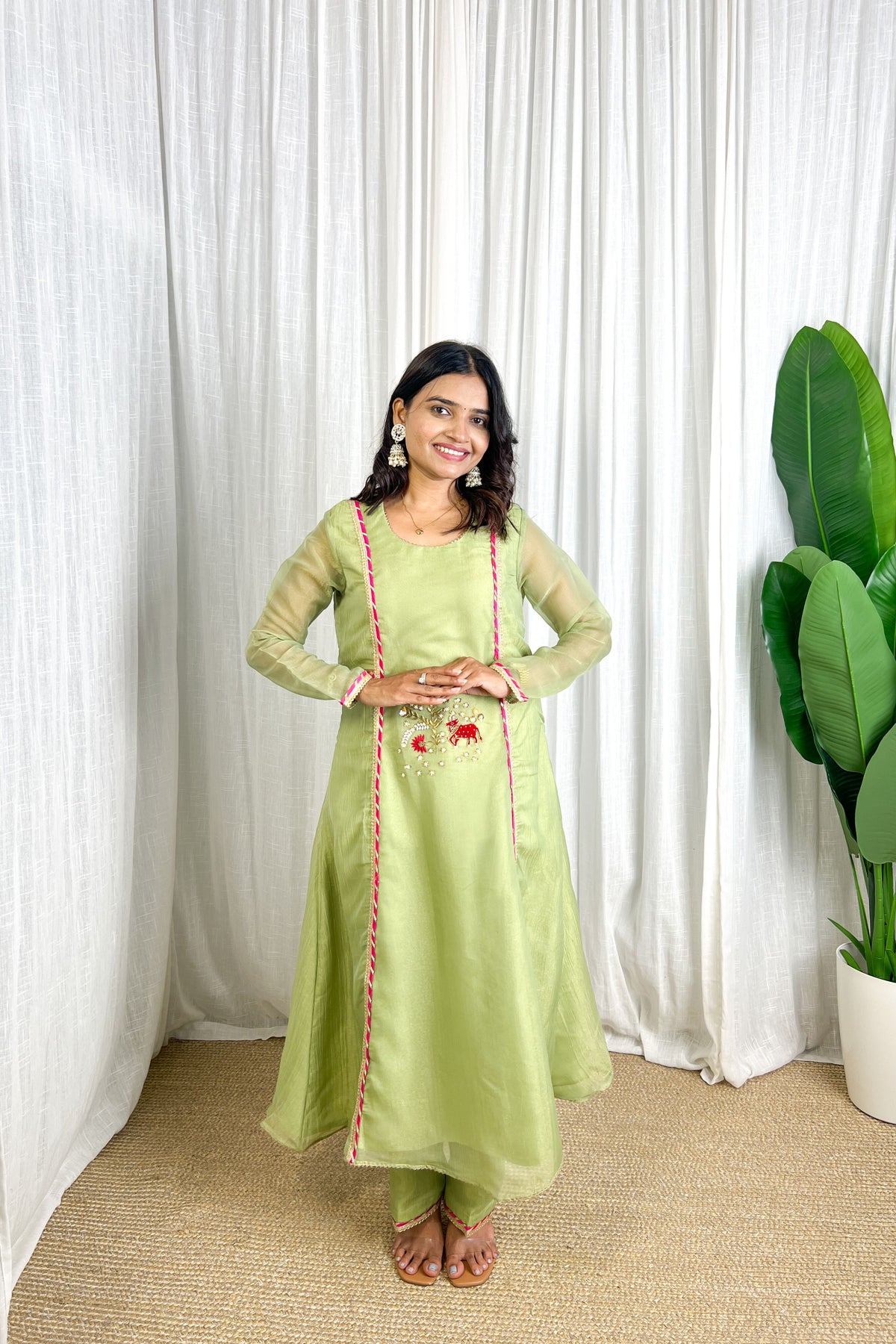 Pista Green Designer Kurta Set With Pichwai Cow Handwork