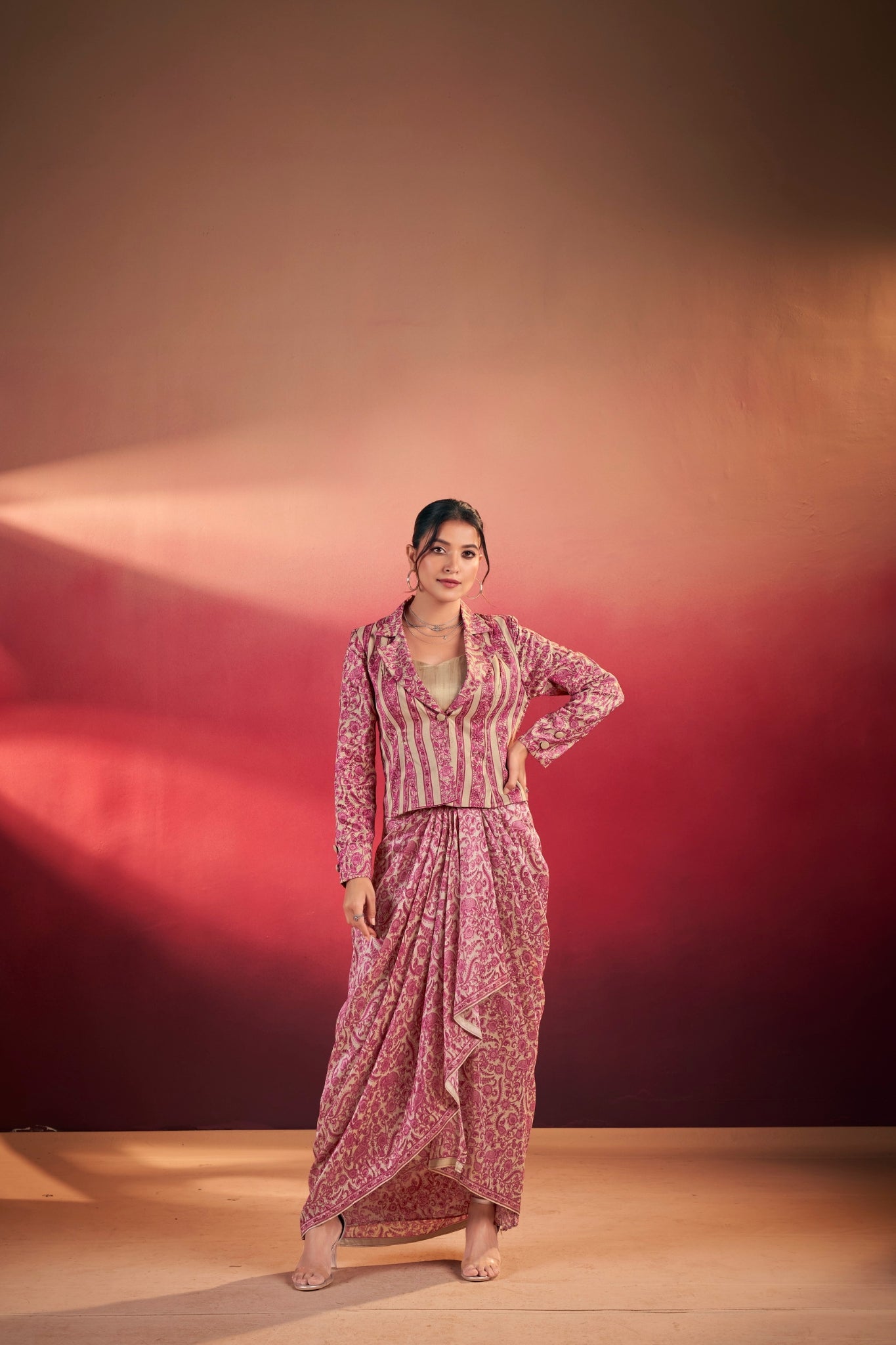 Premium Printed Tasar Silk Co-Ord Set With Draped Skirt & Tailored Jacket