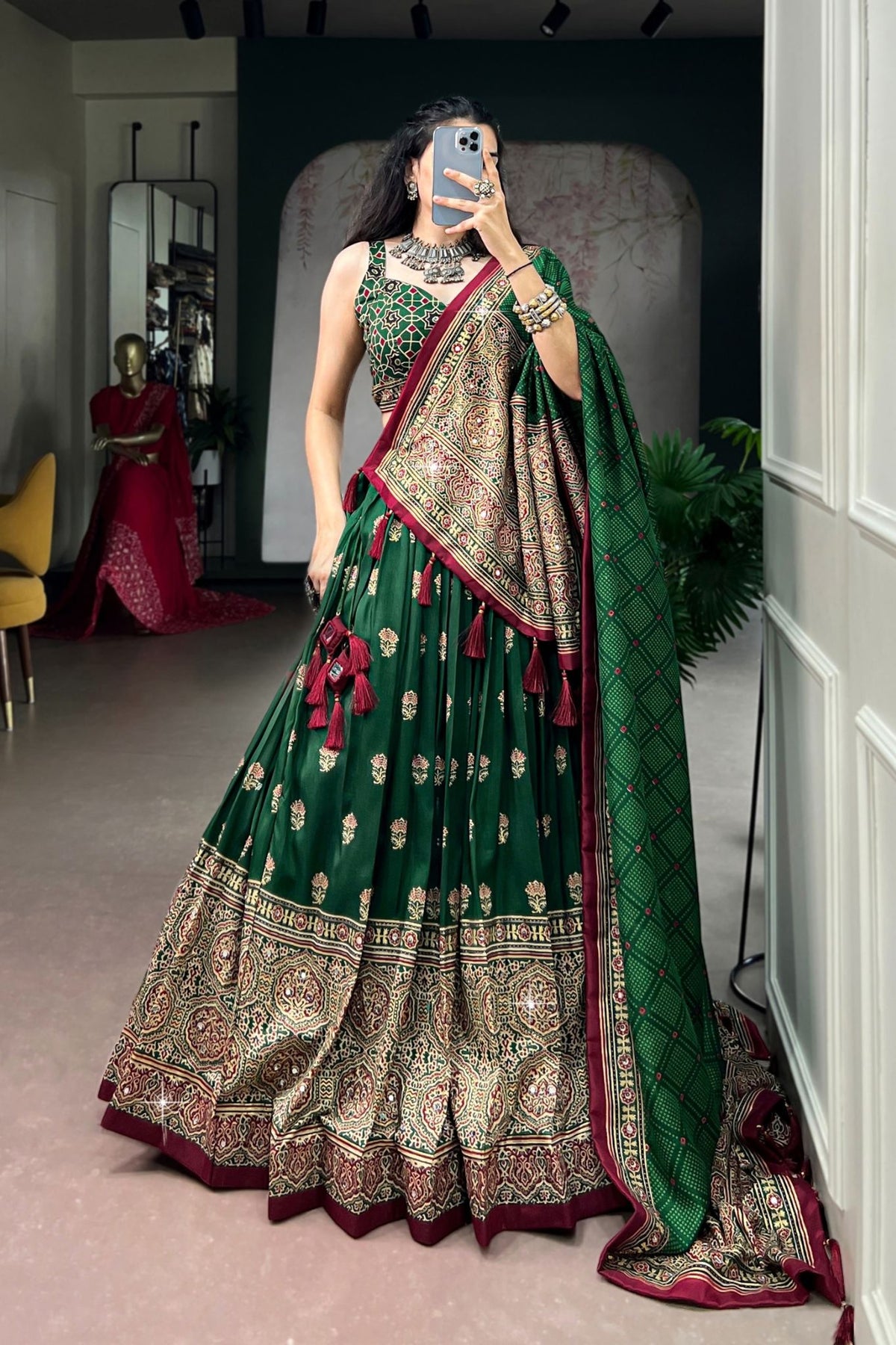 Designer Tasar Silk Ajrak Print Navratri Lehenga Choli