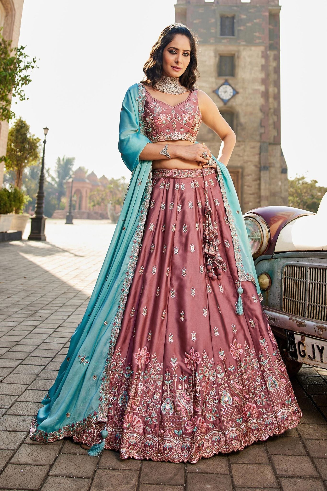 Dusty Rose Rangoli Silk Designer Lehenga Choli With Aqua Blue Embroidered Dupatta