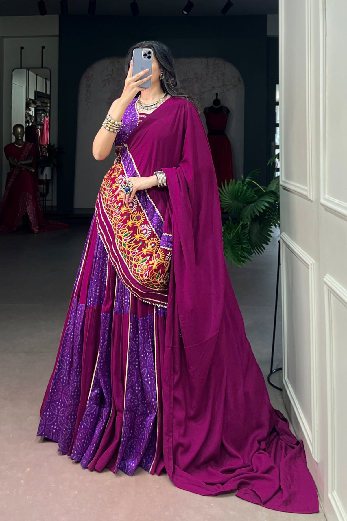 Tasar Silk Bandhej Print Panelled Lehenga With Gamthi Work Designer Lehenga Choli For Navratri