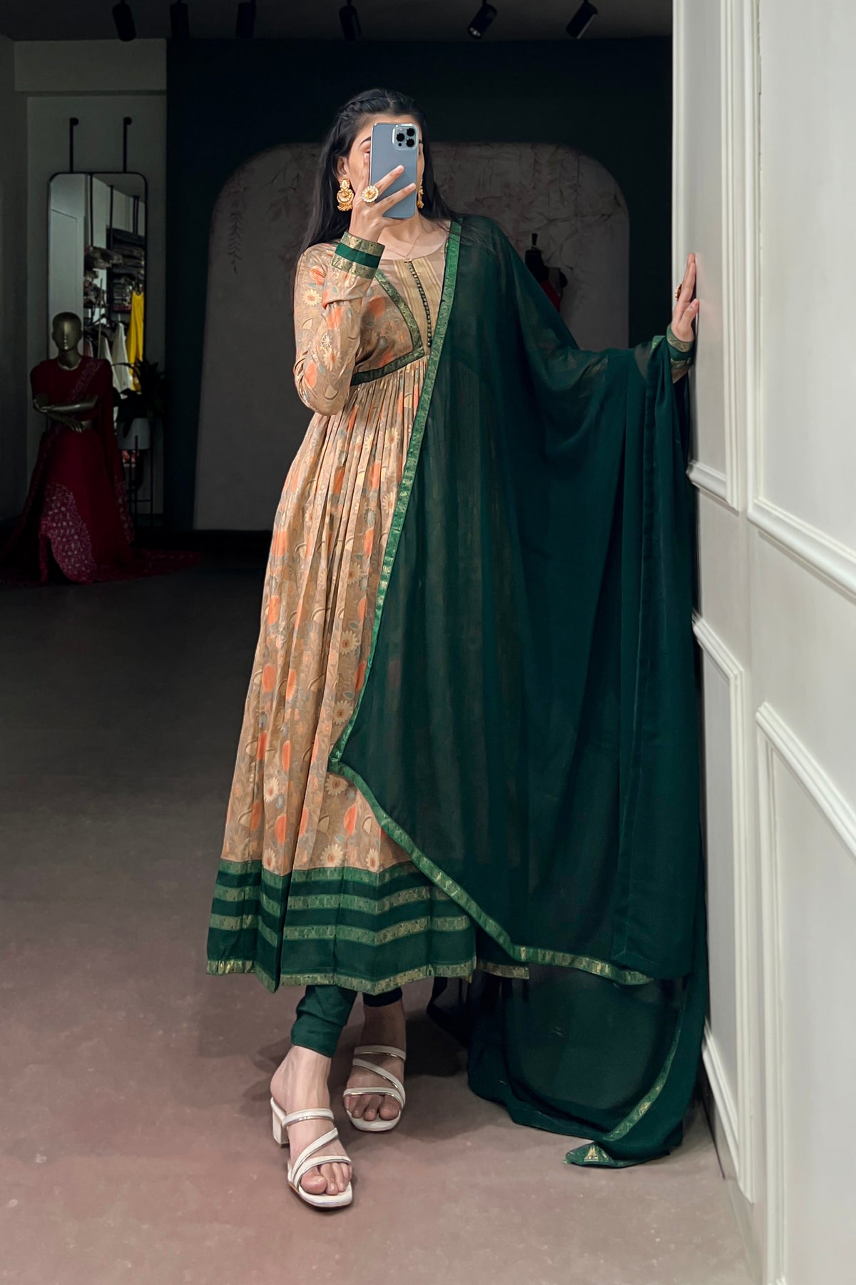 Tasar Silk Floral Print Anarkali Dress with Foil Work & Georgette Lace Border Dupatta