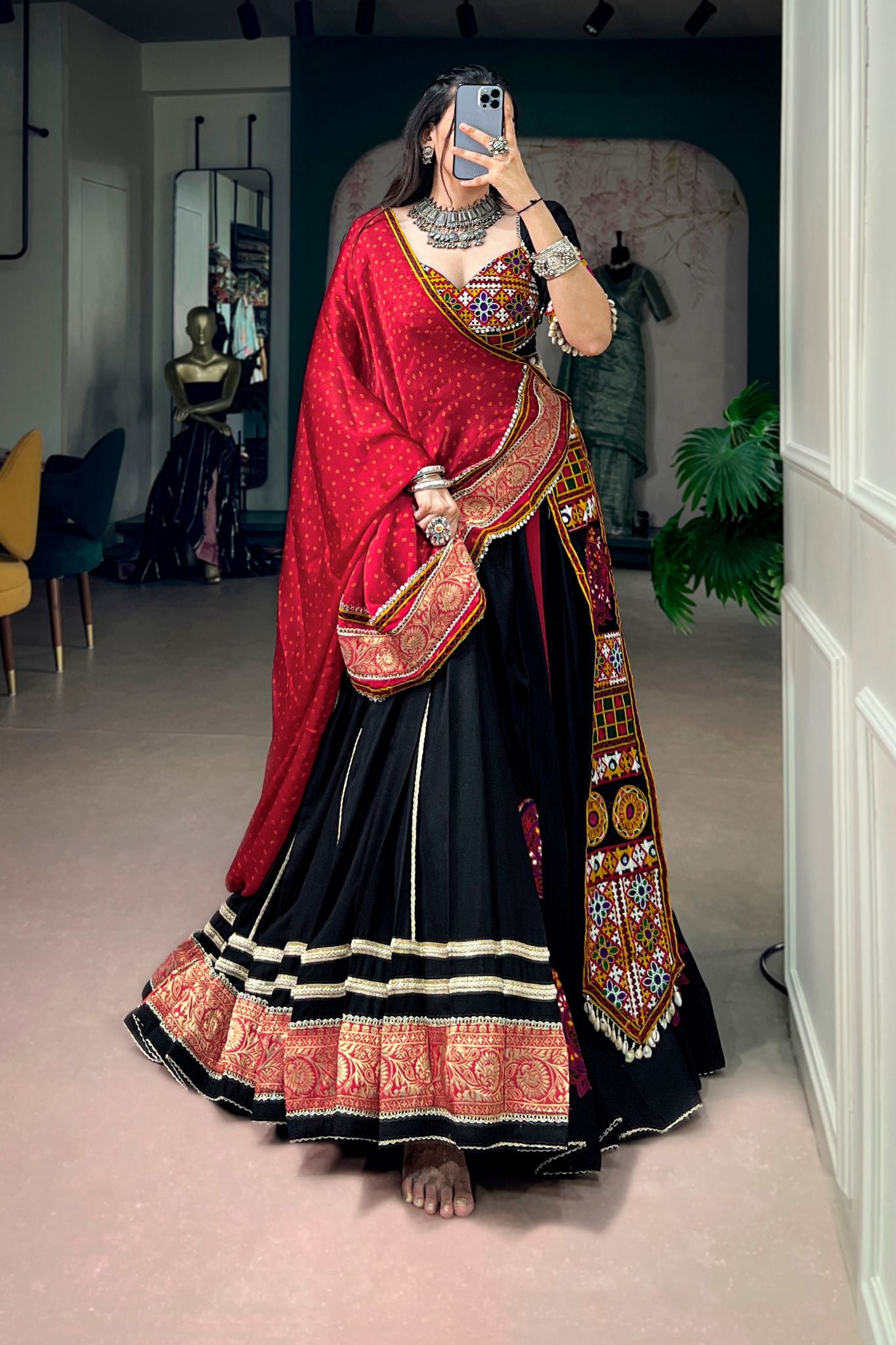 Raasrang Navratri Designer Black Lehenga Choli with Kutchi Embroidery & Bandhani Dupatta