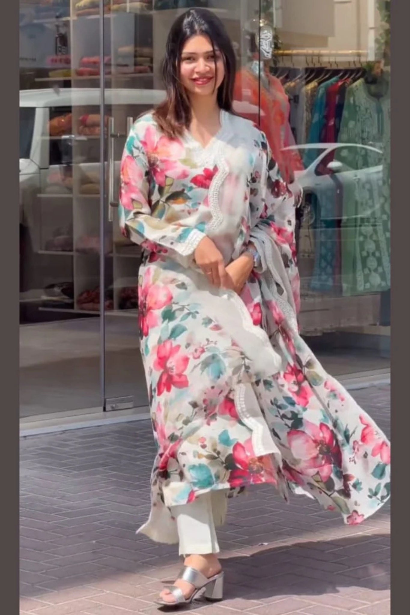 Floral Printed Embroidered Work Suit Set
