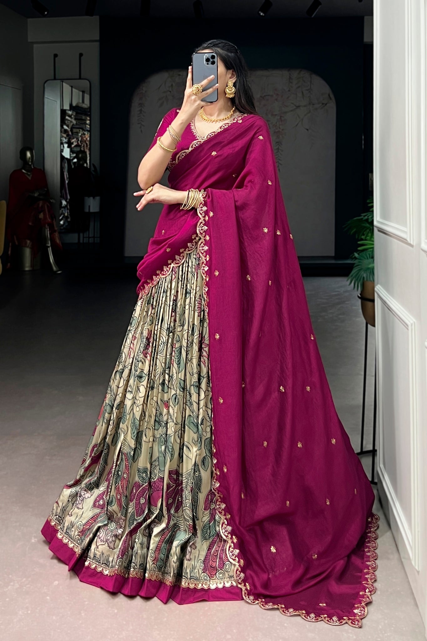 Premium Kalamkari Tasar Silk Lehenga Choli With Embroidered Dupatta
