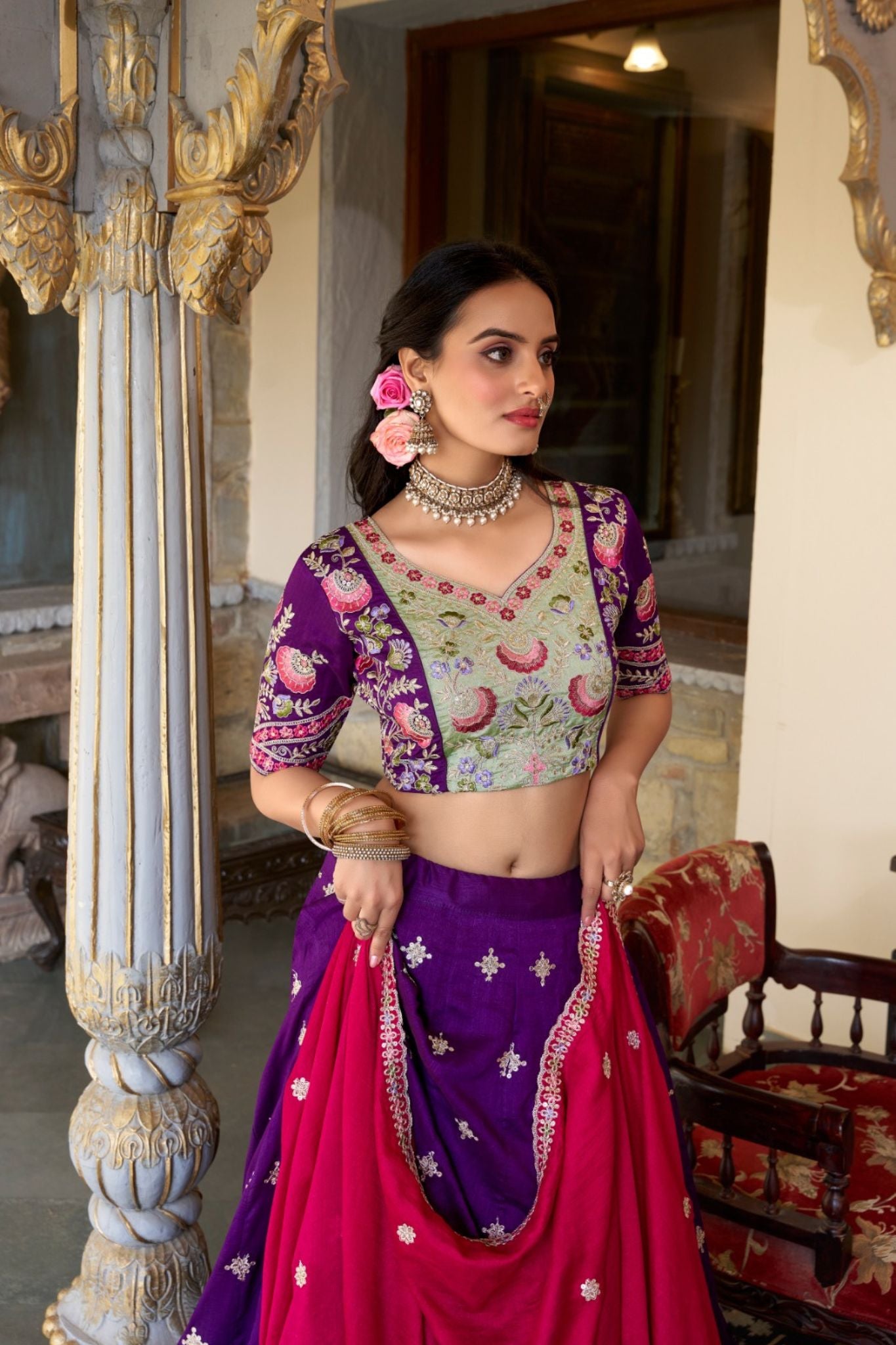Purple Tradition Elegance Sequins Thread Embroidery Work Lehenga For Wedding