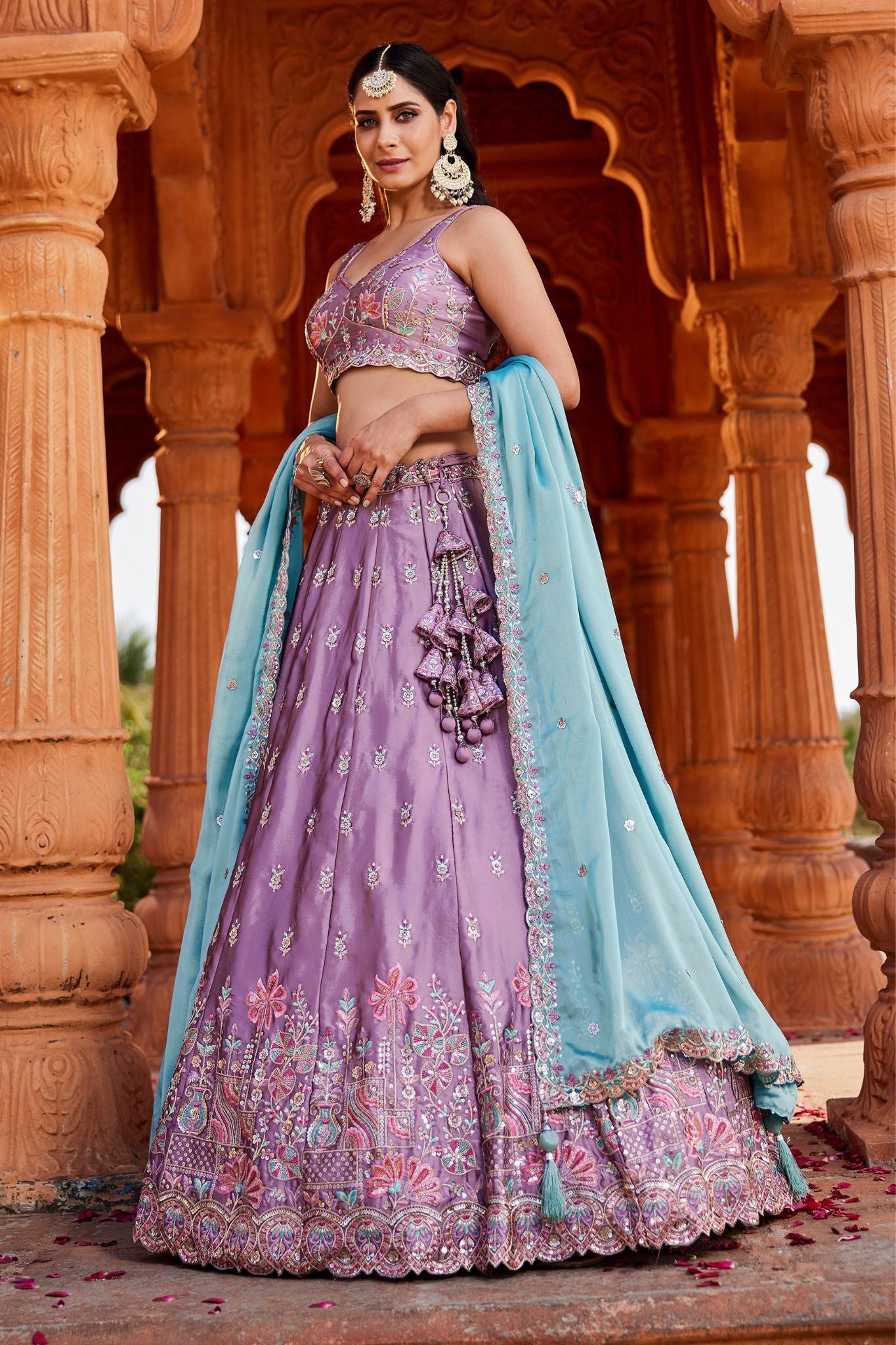 Lavender Rangoli Silk Designer Lehenga Choli With Aqua Blue Embroidered Dupatta
