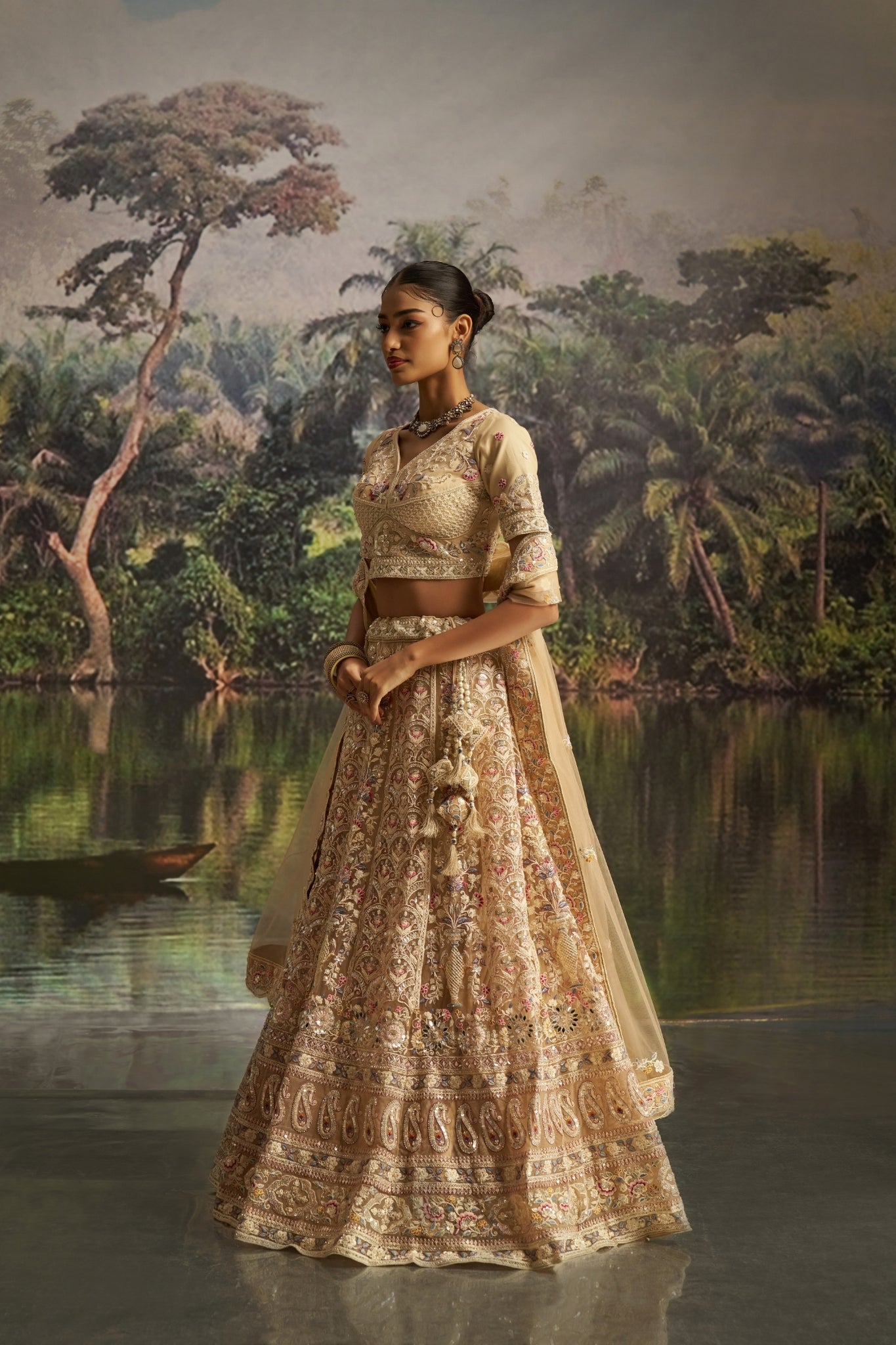 Regal Pastel Gold Heavy Embroidered Bridal Lehenga Set
