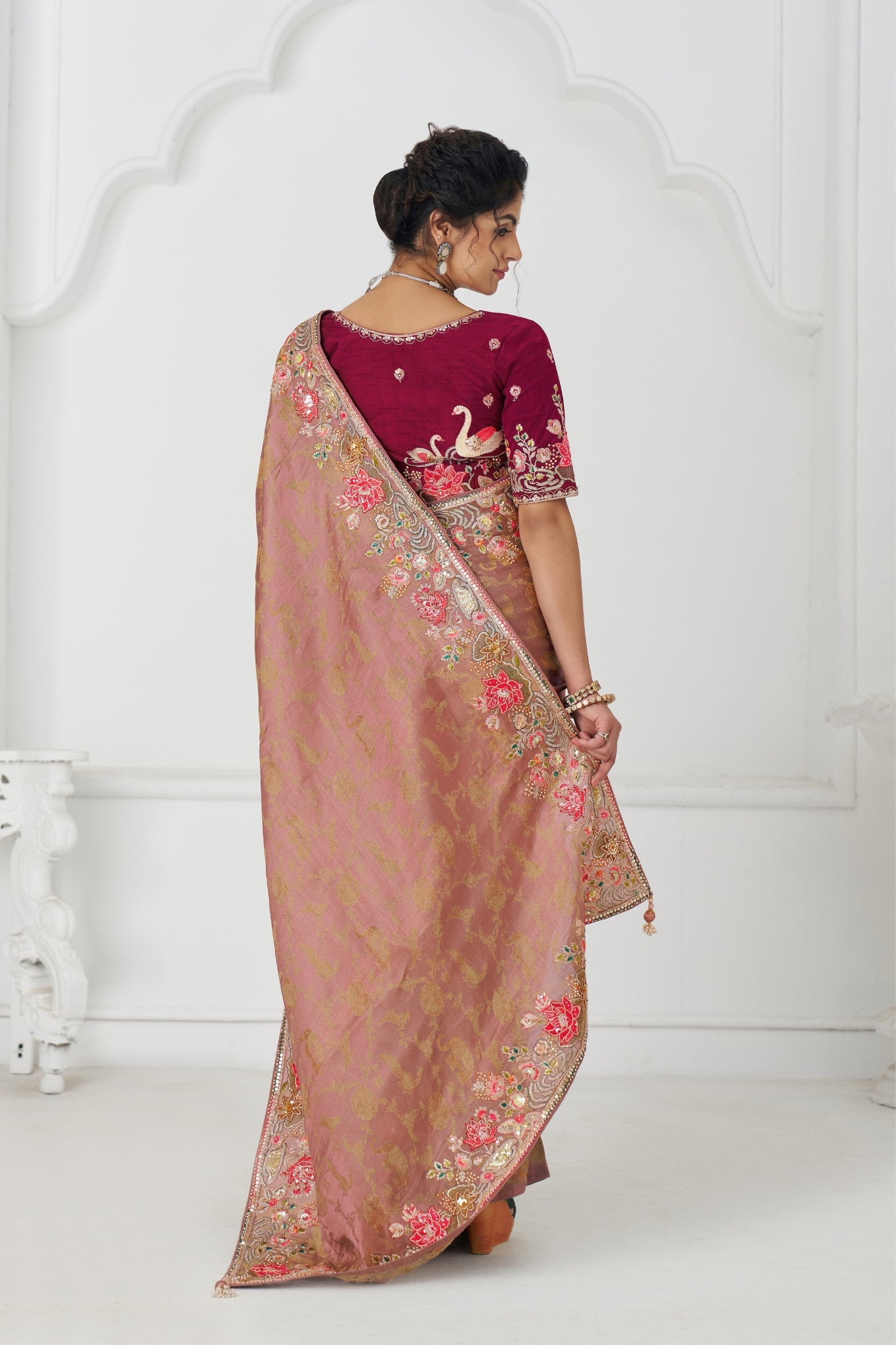 Stunning Peach Pure Dola Viscose Silk Stylish Wedding Saree