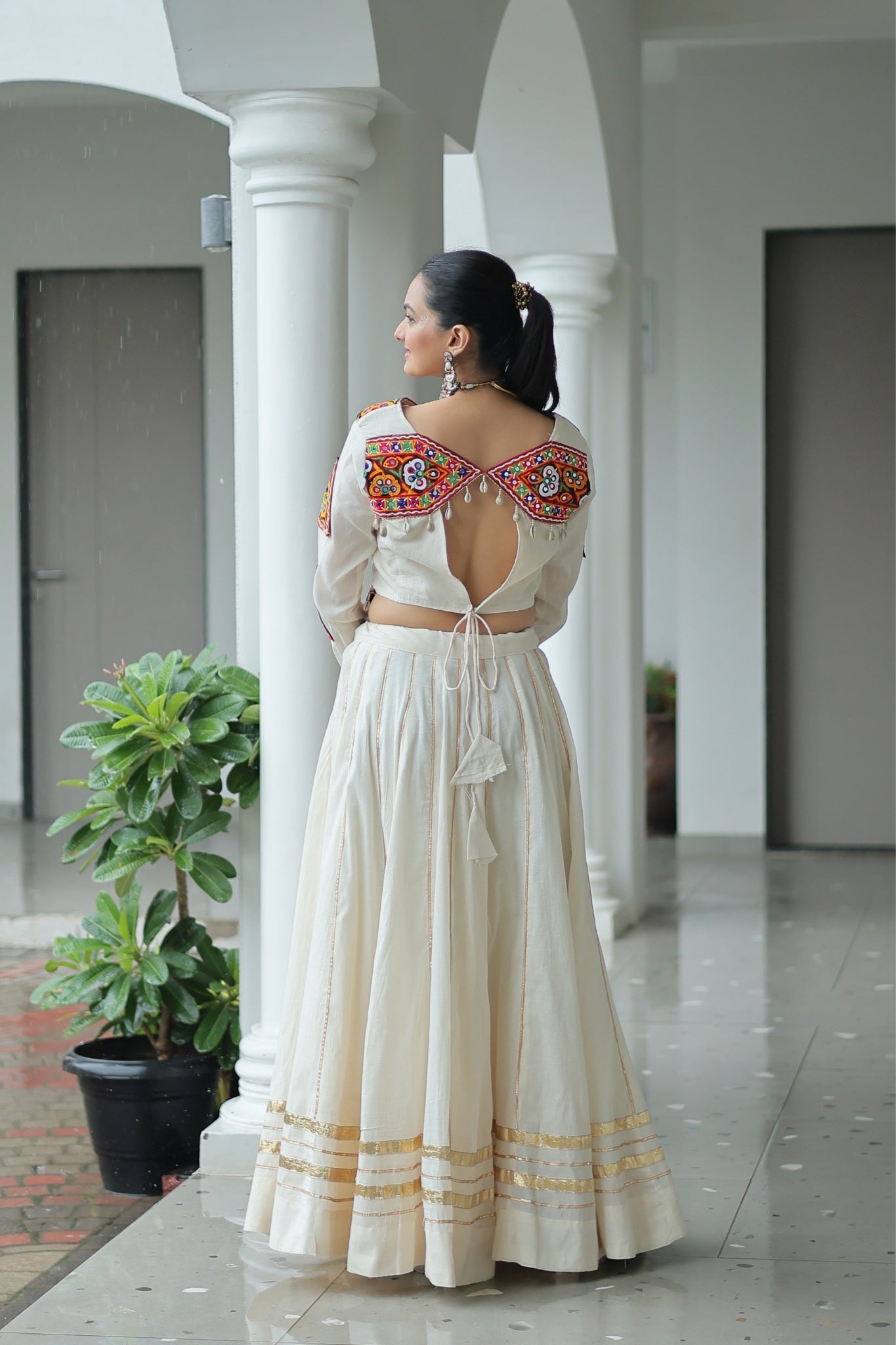 Off White Cotton Kutchi Gamthi Work With Gota Patti Lace Touch up Navratri Designer Lehenga choli