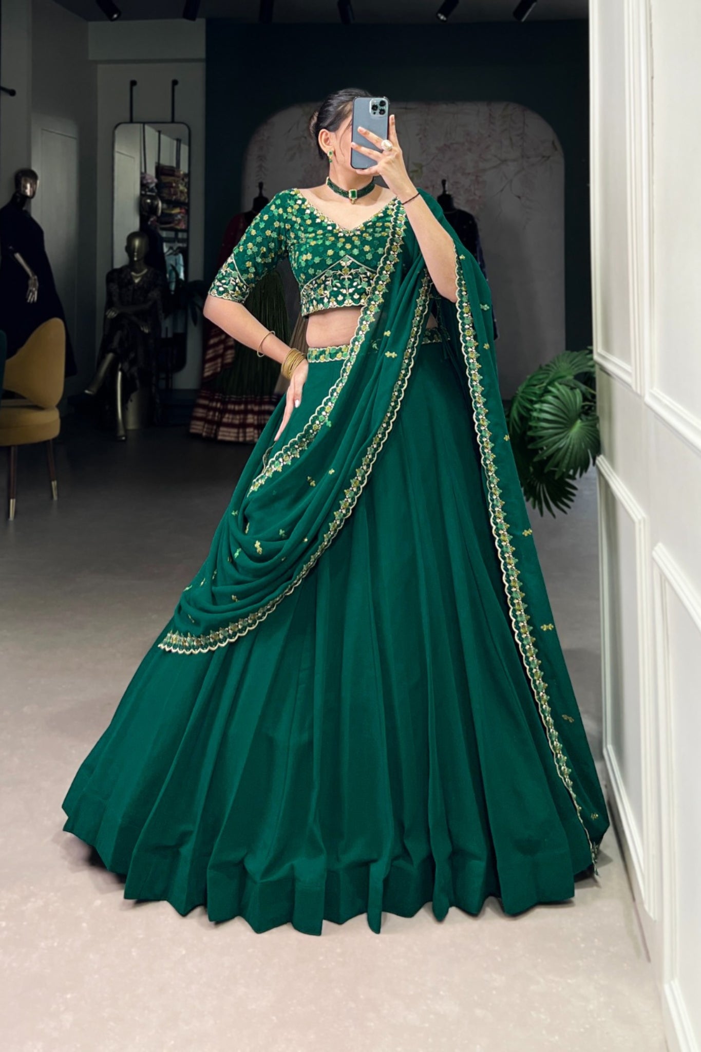 Battel Green Georgette Thread Embroidered Wedding Lehenga Choli