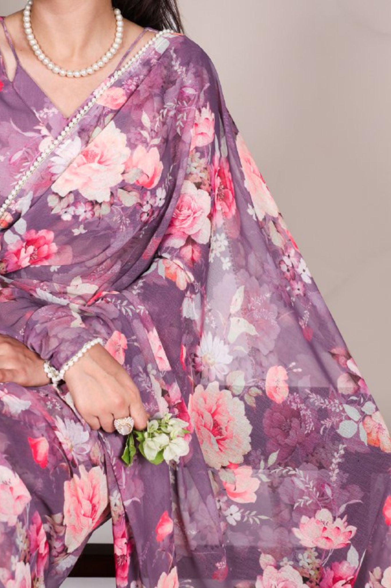 Elegant Pearl Lace Detailing Floral Printed Saree