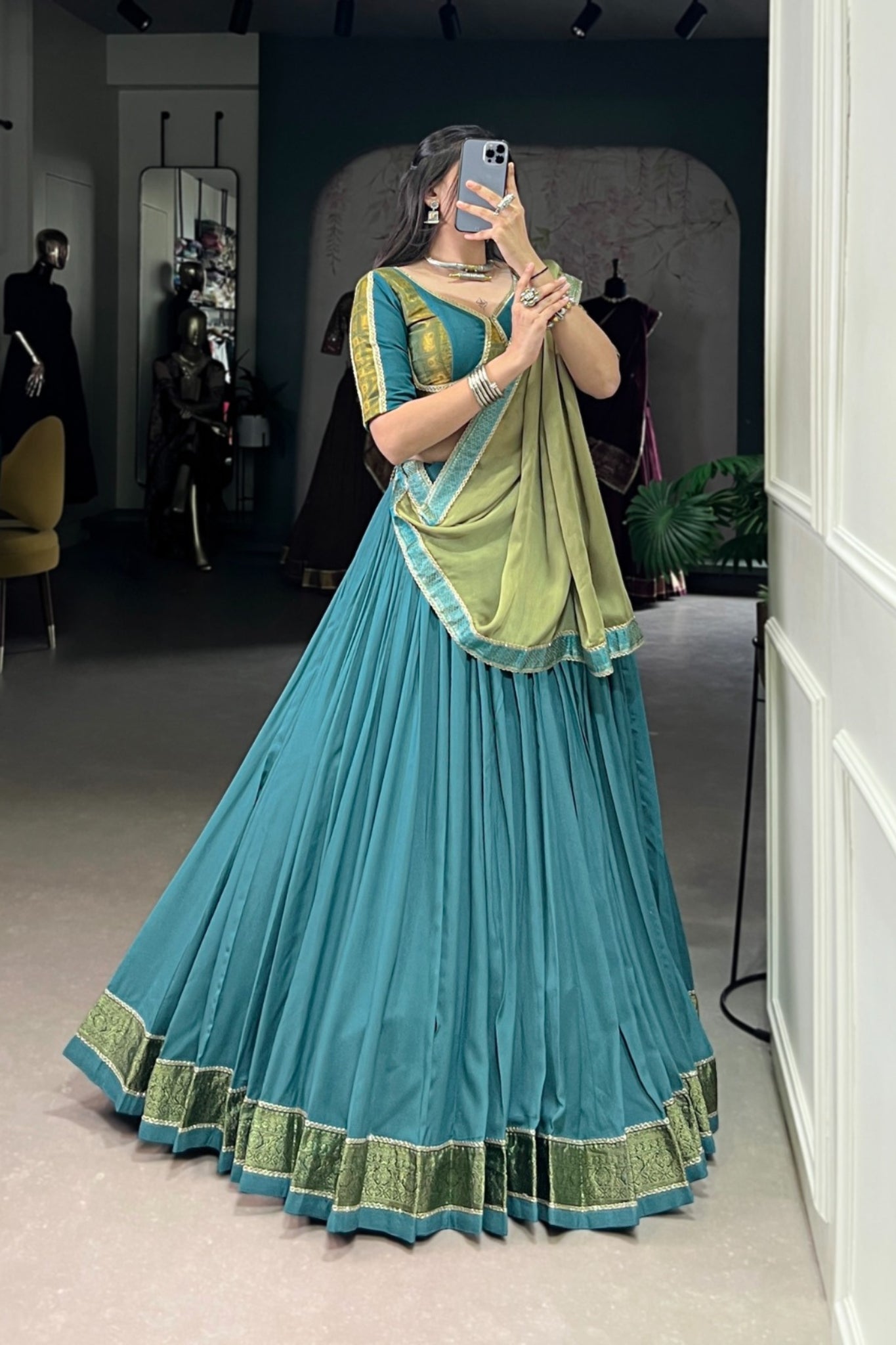 Teal Pure Rayon Designer Zari Weaving Work Navratri Lehenga Choli