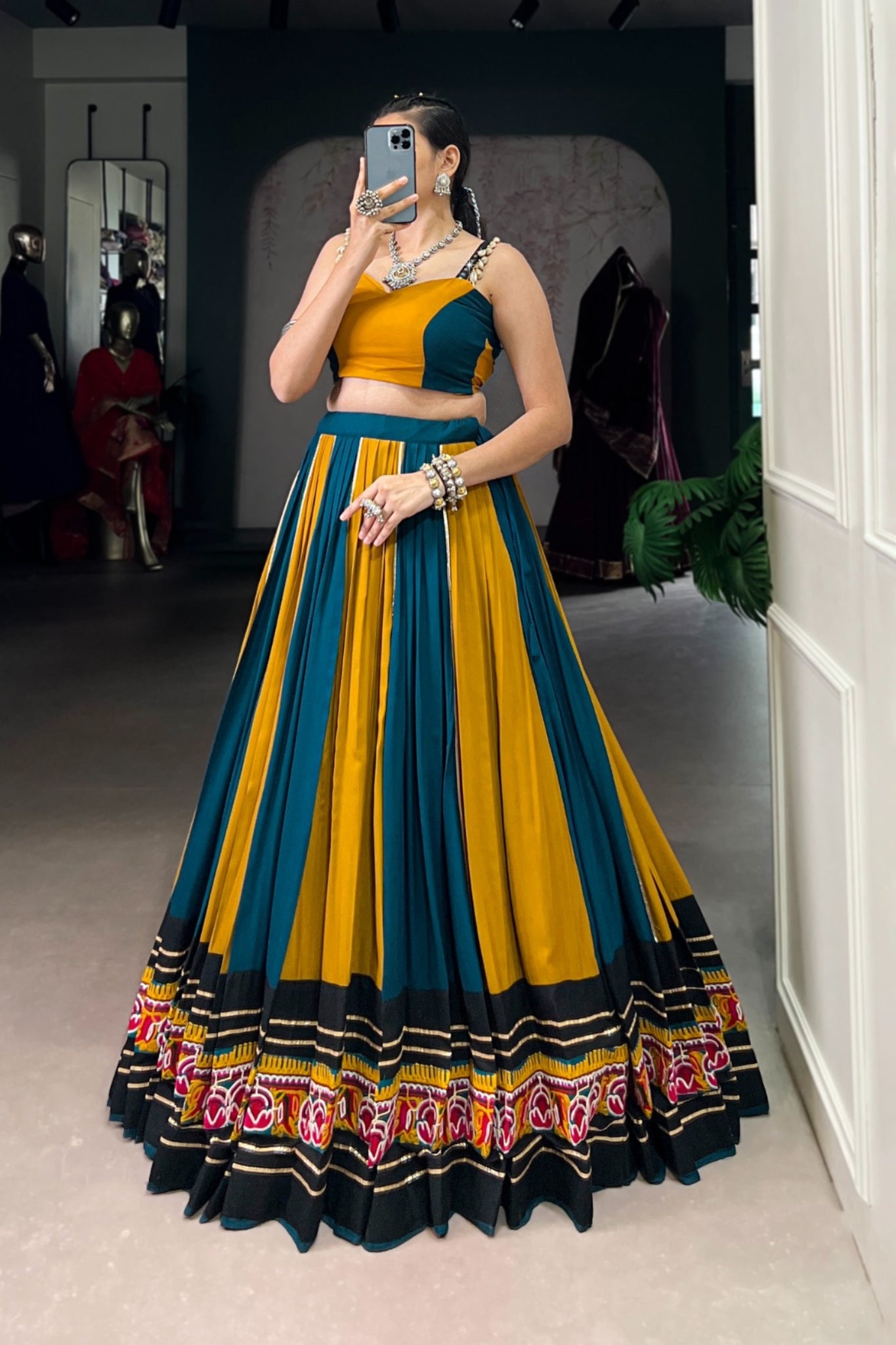 Mustard Pure Rayon Gamthi Work With Gotta Patti Lace Touch Up Navratri Lehenga Choli