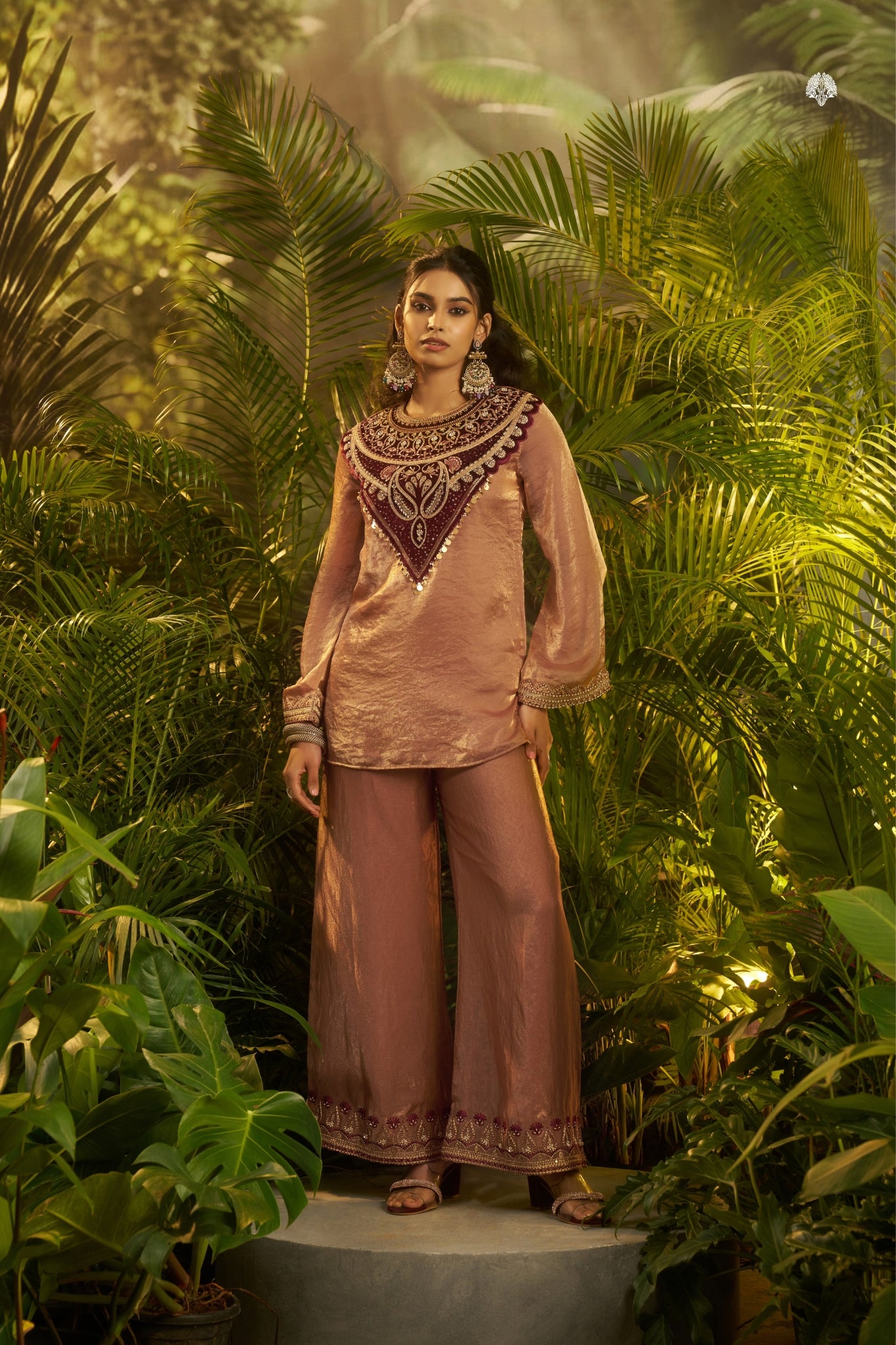 Rose Gold Fendi Co Ord Set With Velvet Patch And Sequins Detailing