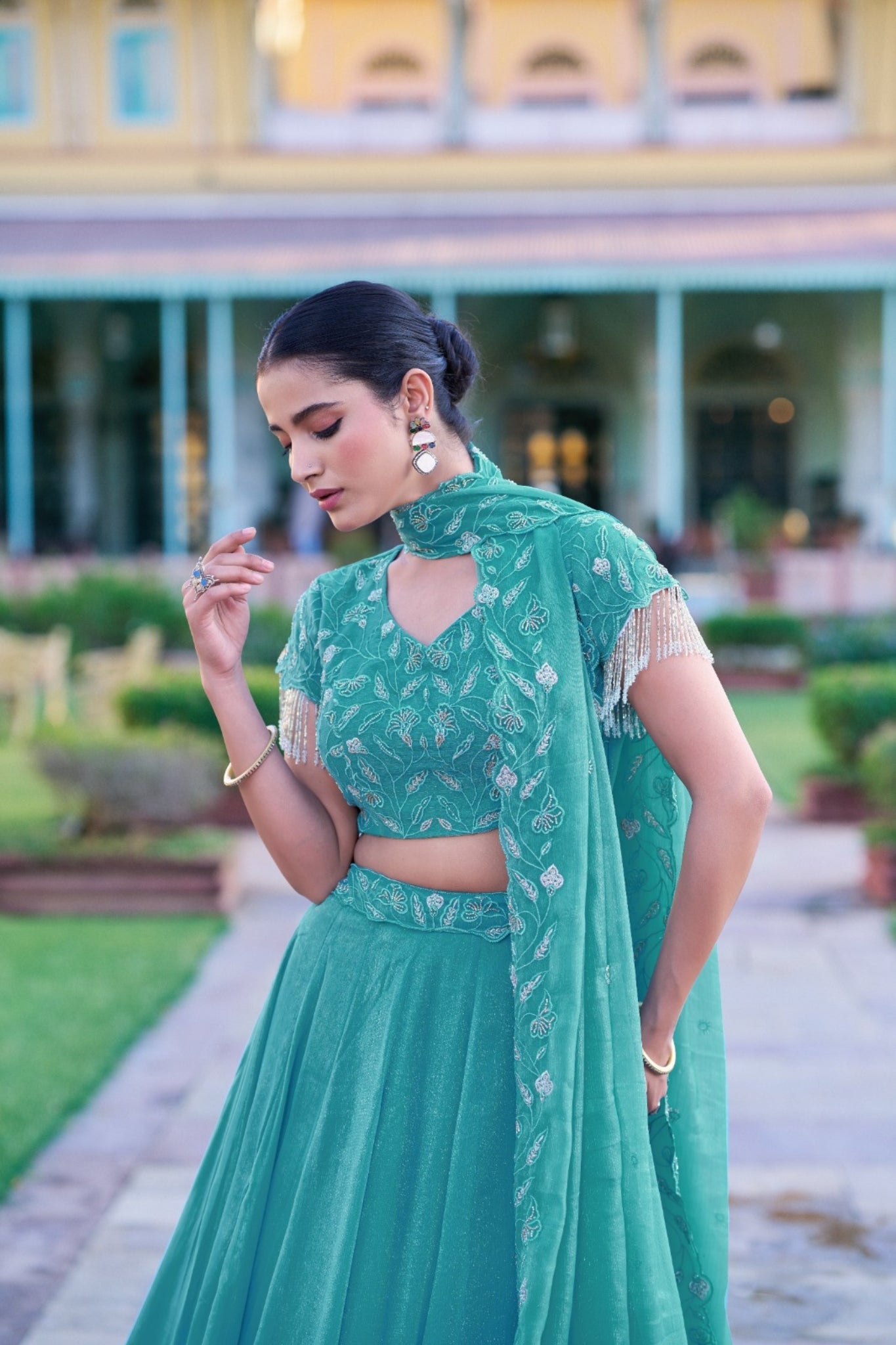 Premium Sea Green Beads With Thread Embroidered Work Lehenga Choli