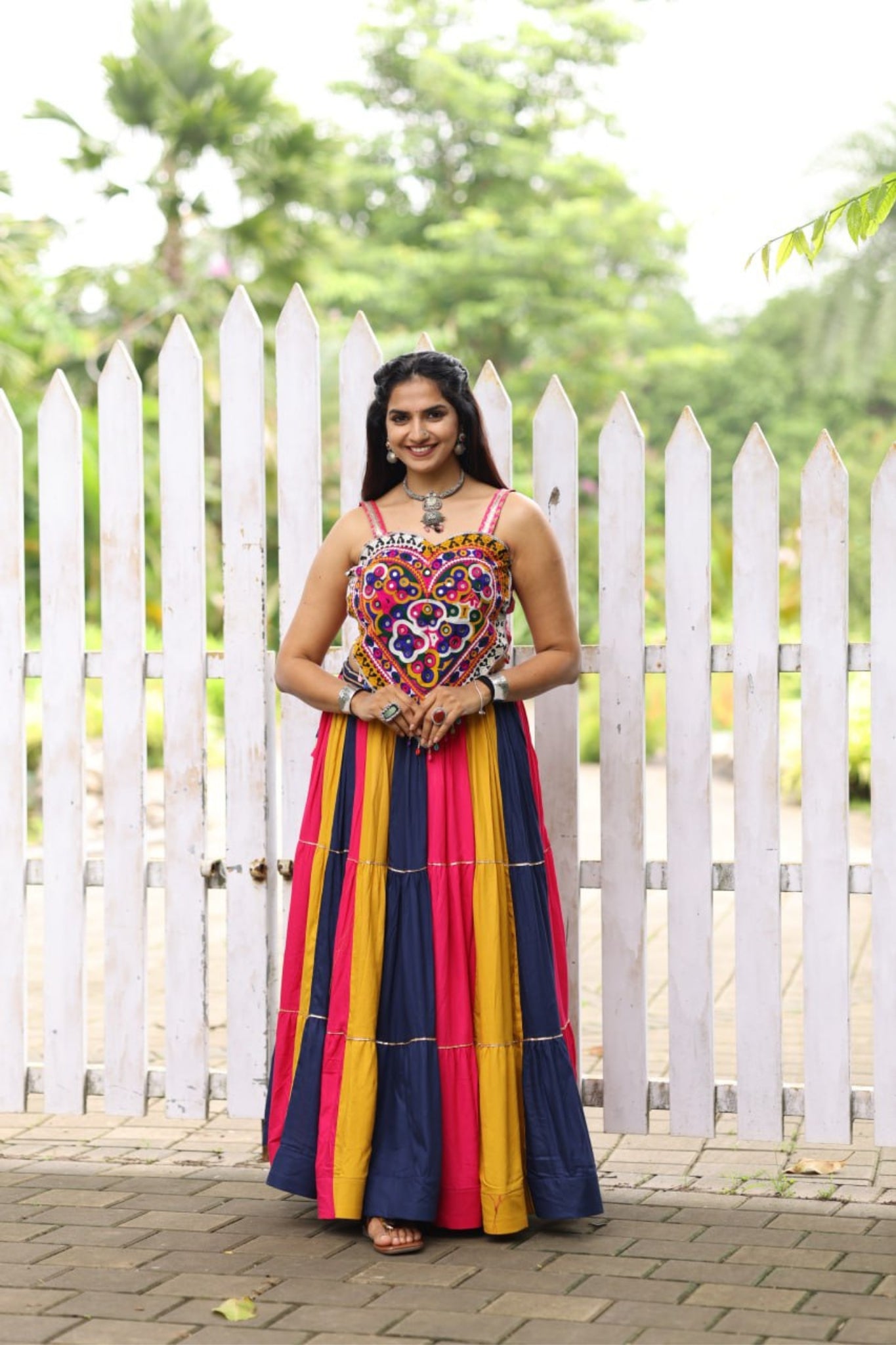 New Multicolor Frilled Pattern Real Mirror Work Navratri Chaniya Choli For Women