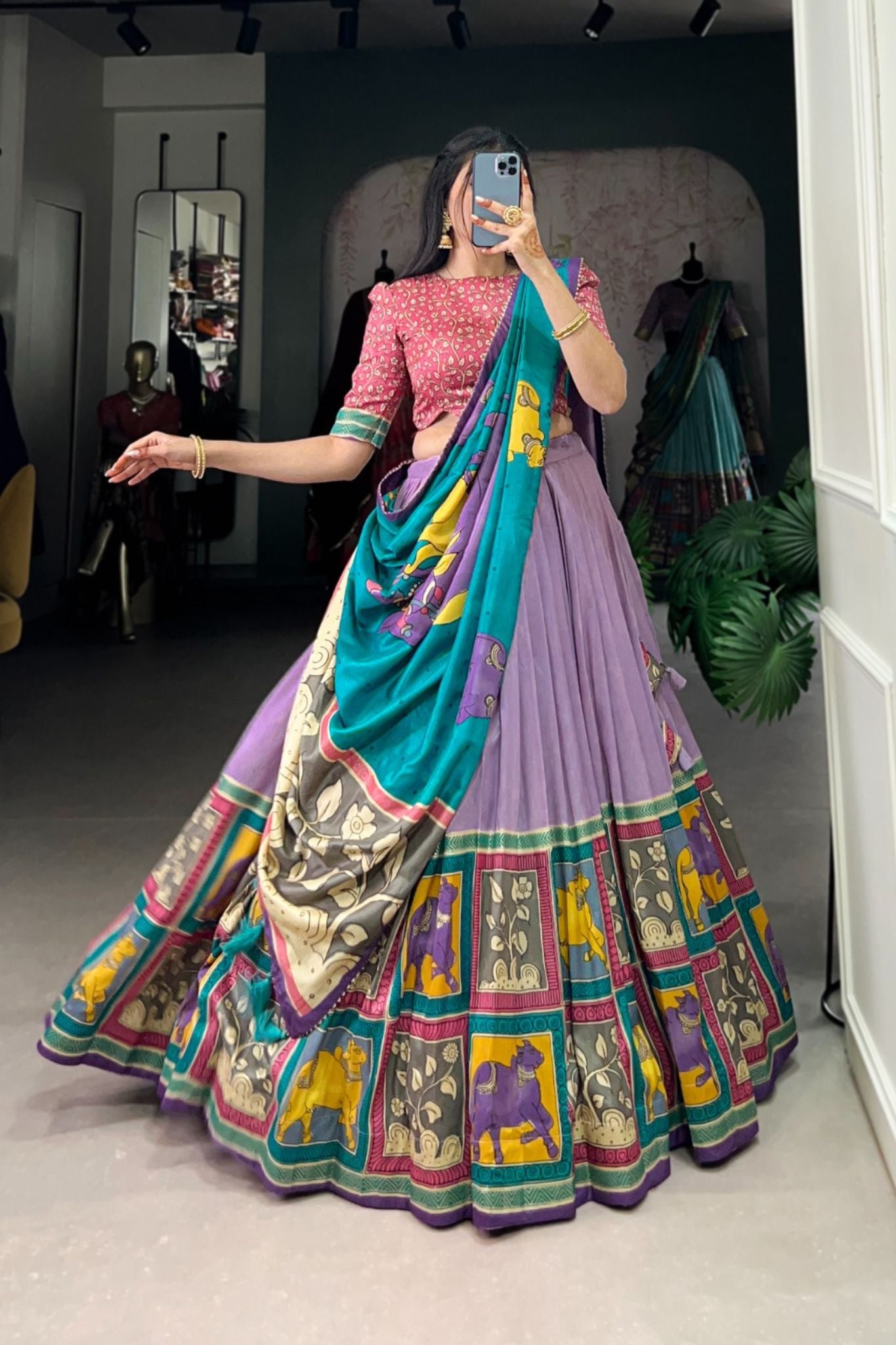 Kalamkari Floral printed South Indian Tradition Lehenga Set