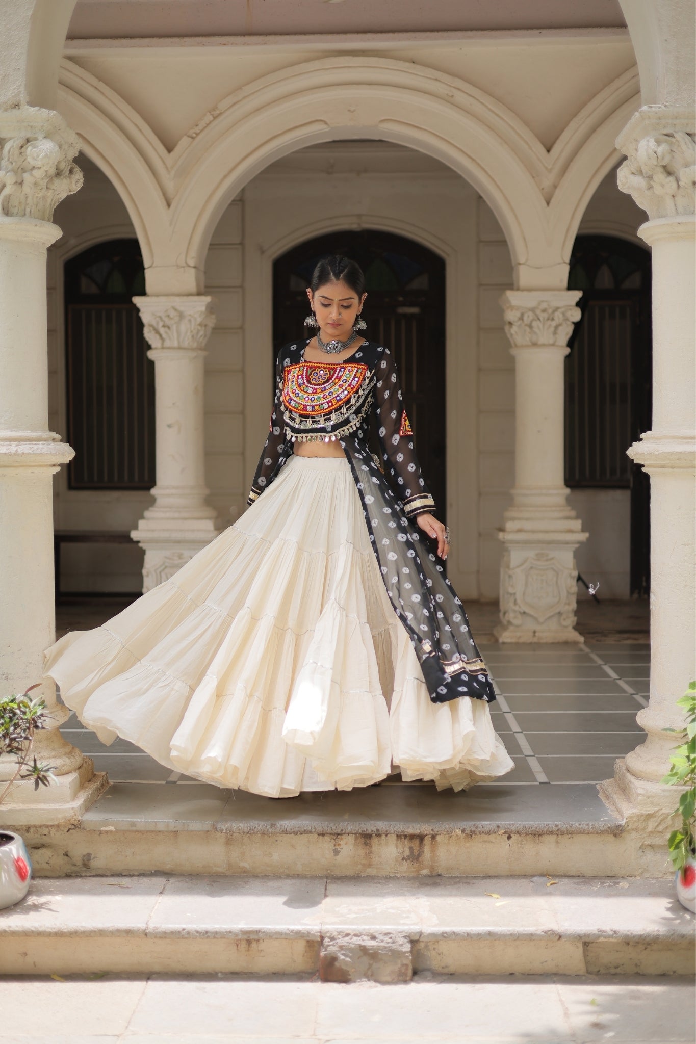 Kora Cotton Stylish Frill Stitching Beautiful Navratri Lehenga With Bandhani Printed Kurti
