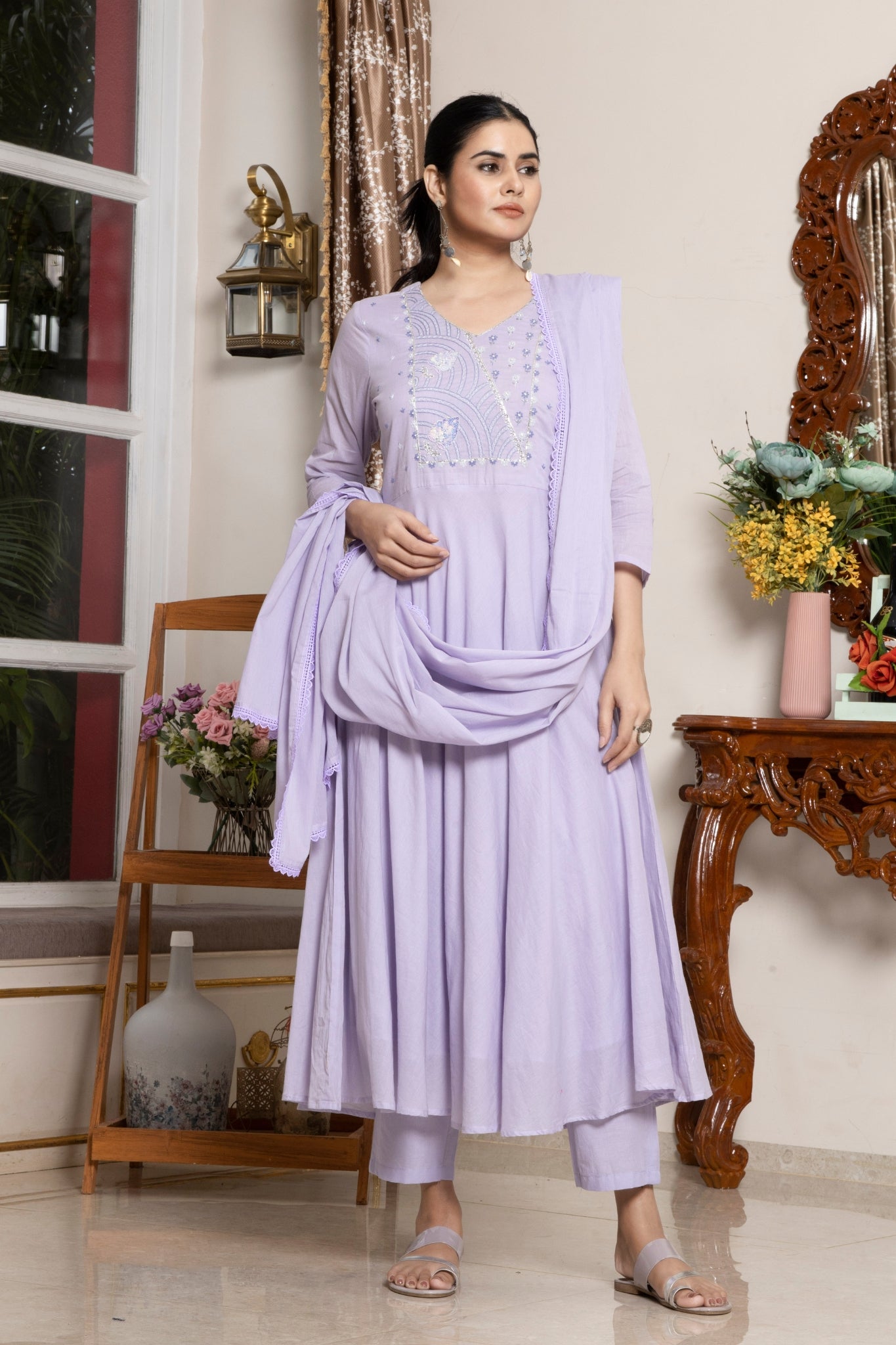 Elegant Soft Lavender Embroidered And Handwork Mal Cotton Anarkali Suit With Dupatta