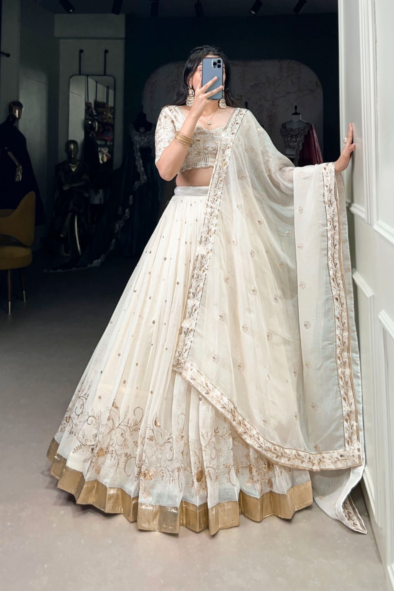 White Silver Glossy Sequins Embroidered Designer Lehenga Choli