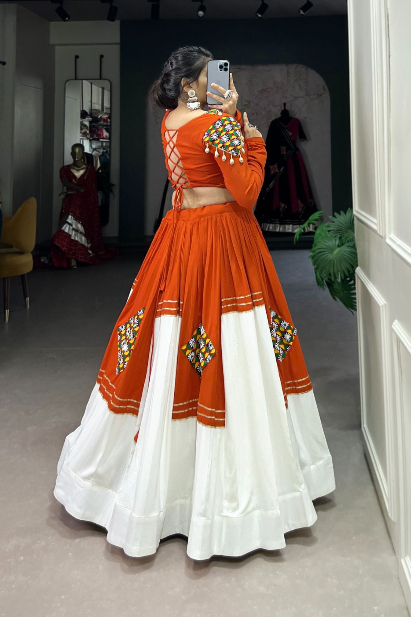 Orange Pure Rayon Gamthi Work Navratri Lehenga Choli