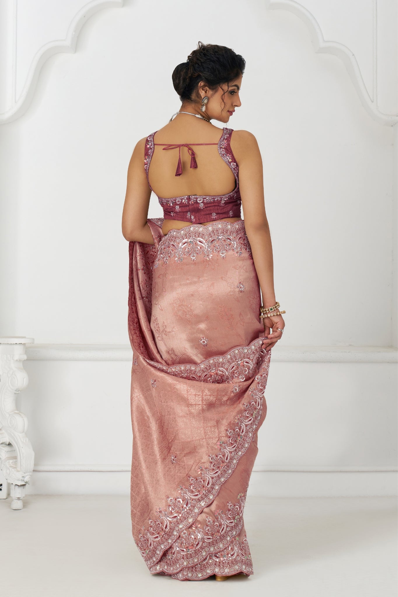 Pink Dola Viscose Silk Saree For Wedding With Beads Embroidery & Sequins Work