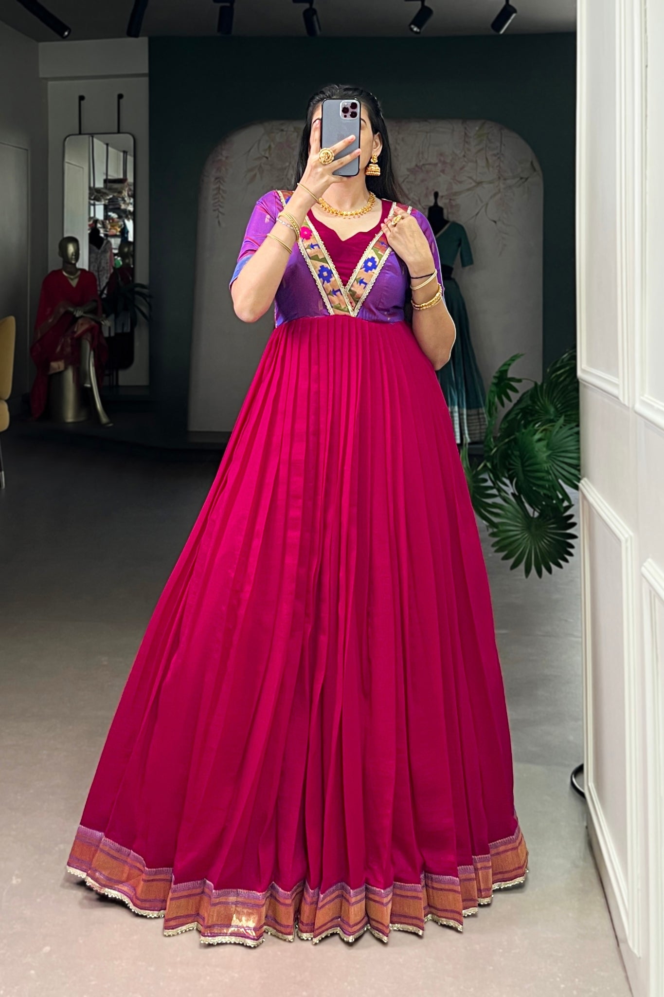 Premium Pink Vichitra Silk Zari Woven Flared Dress With Lace Detailing