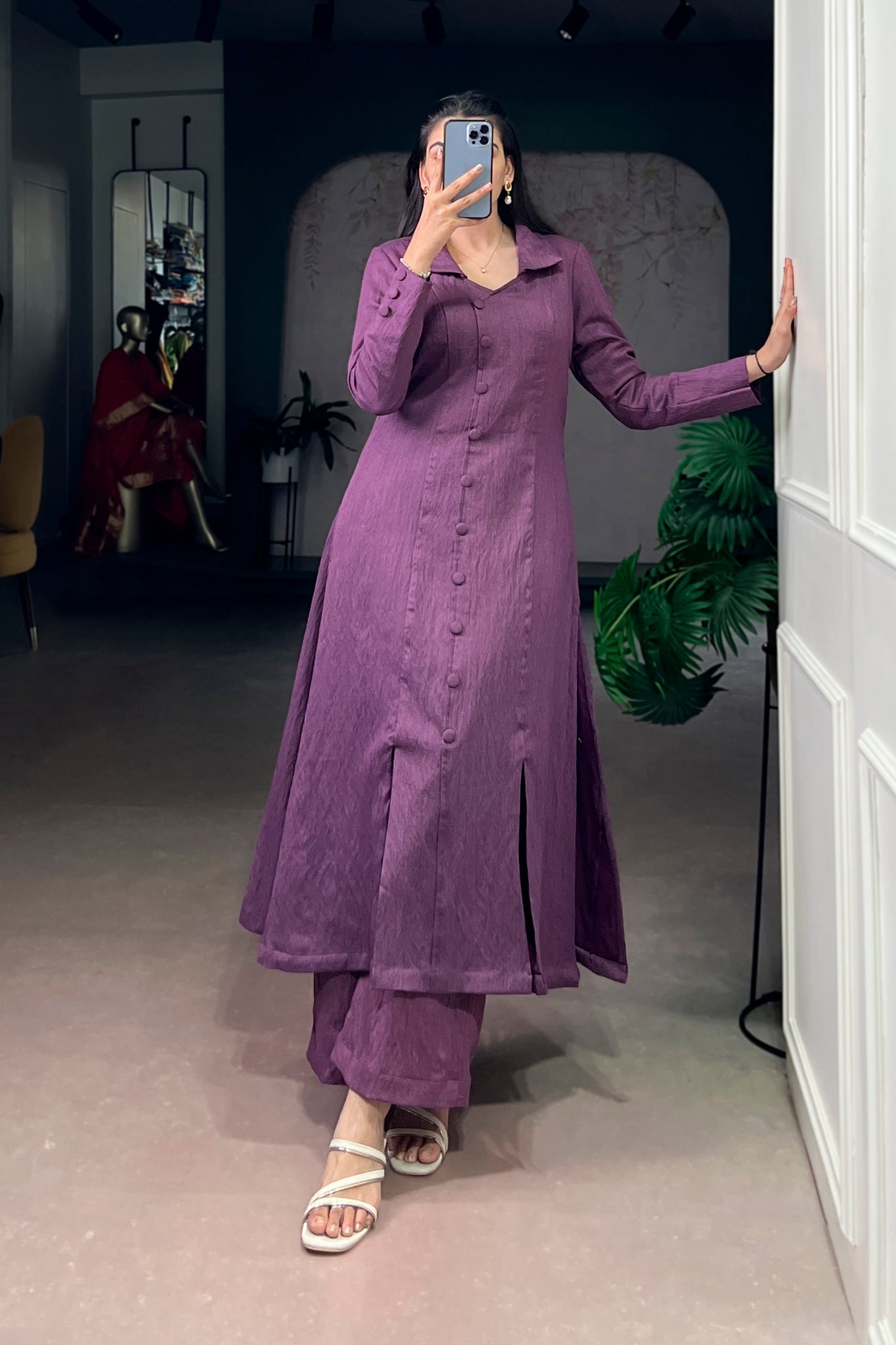 Purple Soft Textured Fabric Kurta Co-Ord Set For Women