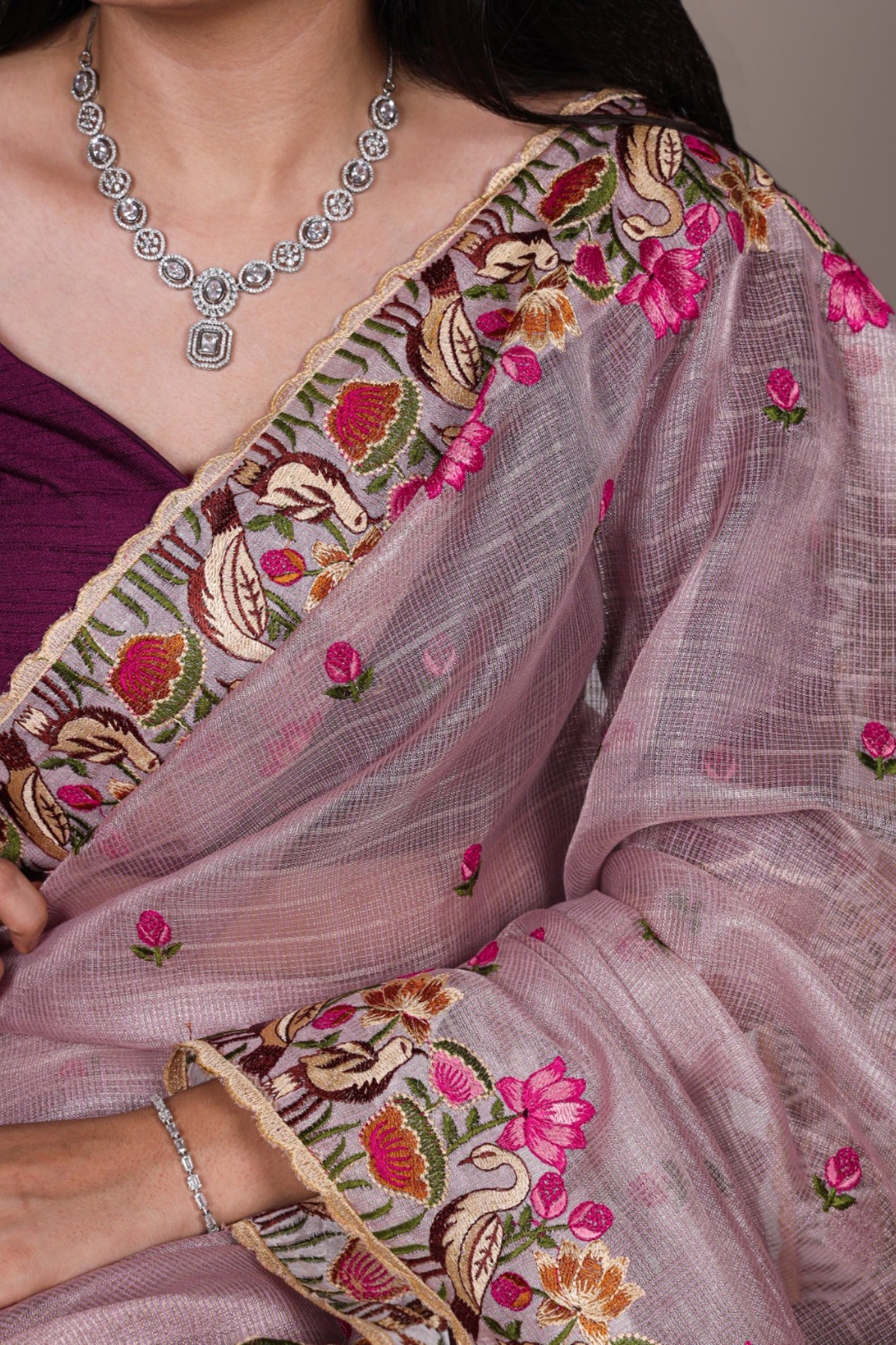 Luxury Zari Kota Tissue Designer Saree With Thread Embroidery Work